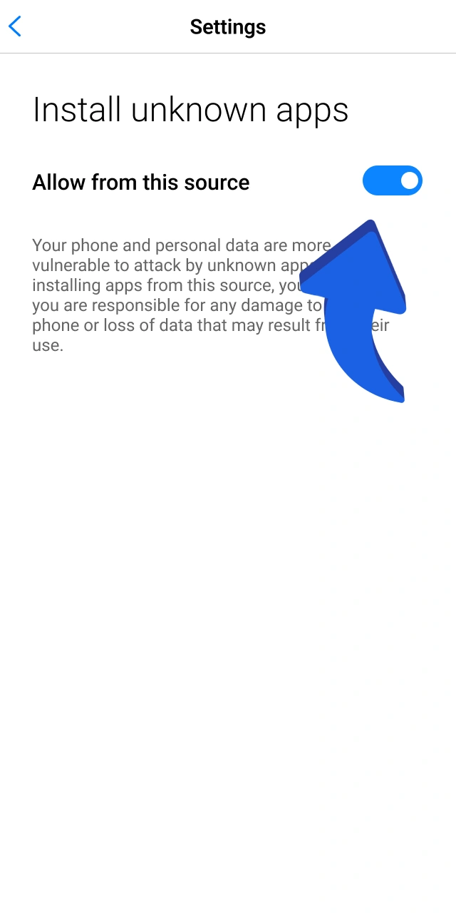 Android system settings toggle being switched to allow the installation of the Megapari app from unknown sources.