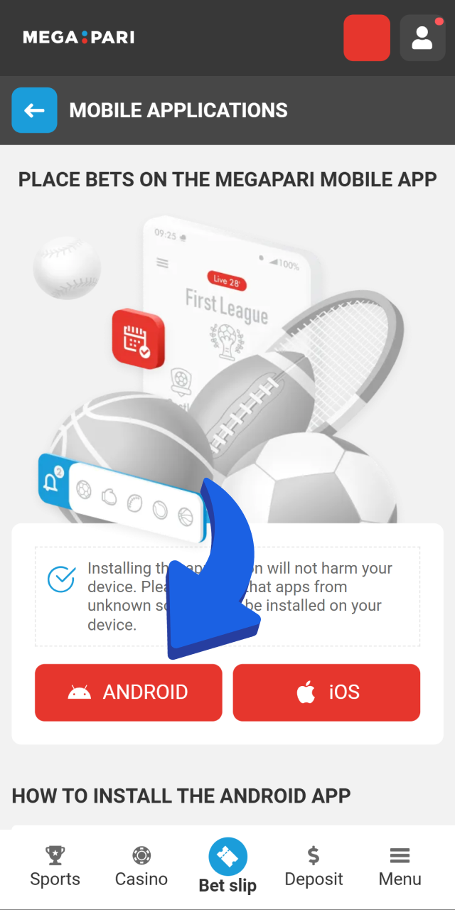 Megapari mobile website interface showing the Android download button being selected to start the application installation.