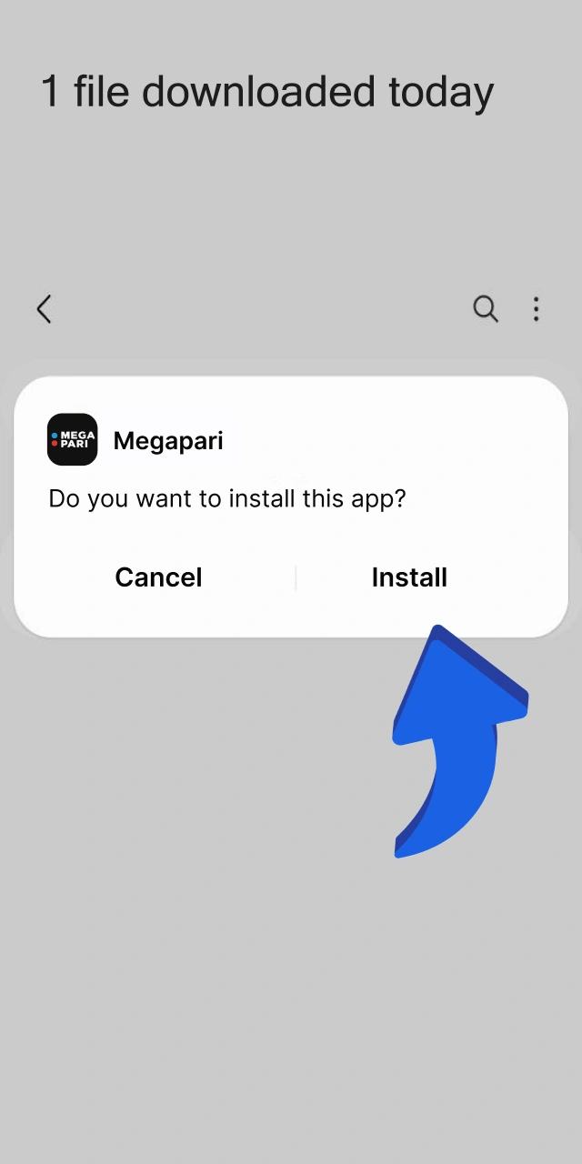 Android system pop-up window where the Install button is being pressed to confirm the Megapari app installation.