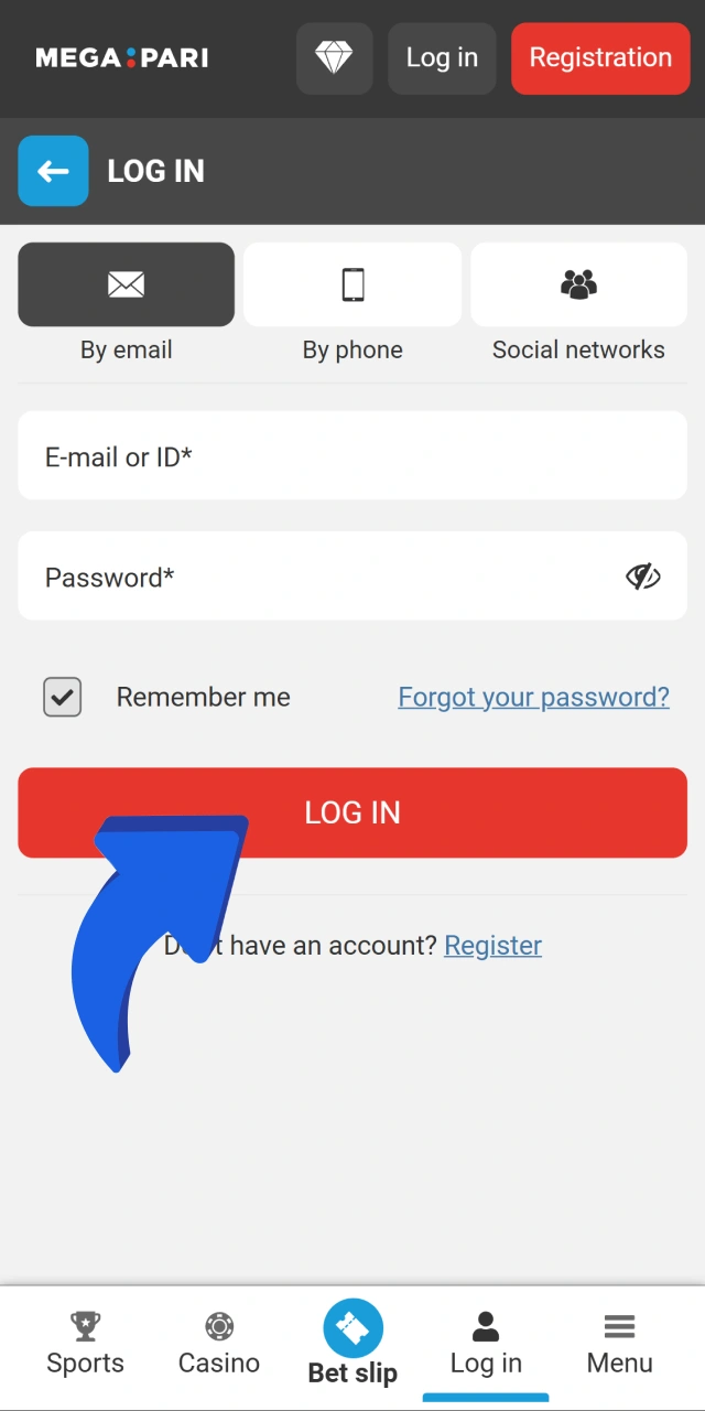 Megapari mobile login screen with the Log in button being clicked after entering account credentials.