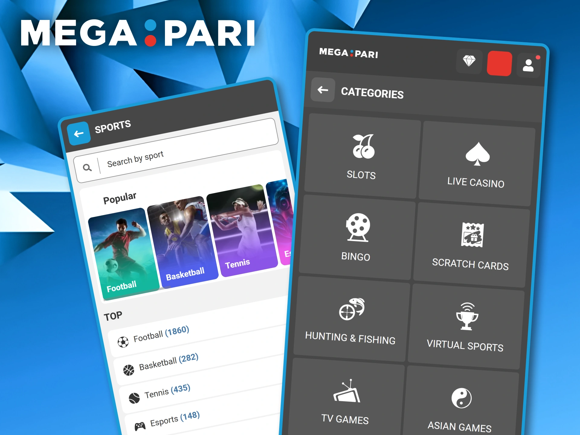 Mobile application interface displaying various sports categories and casino game sections available at Megapari.