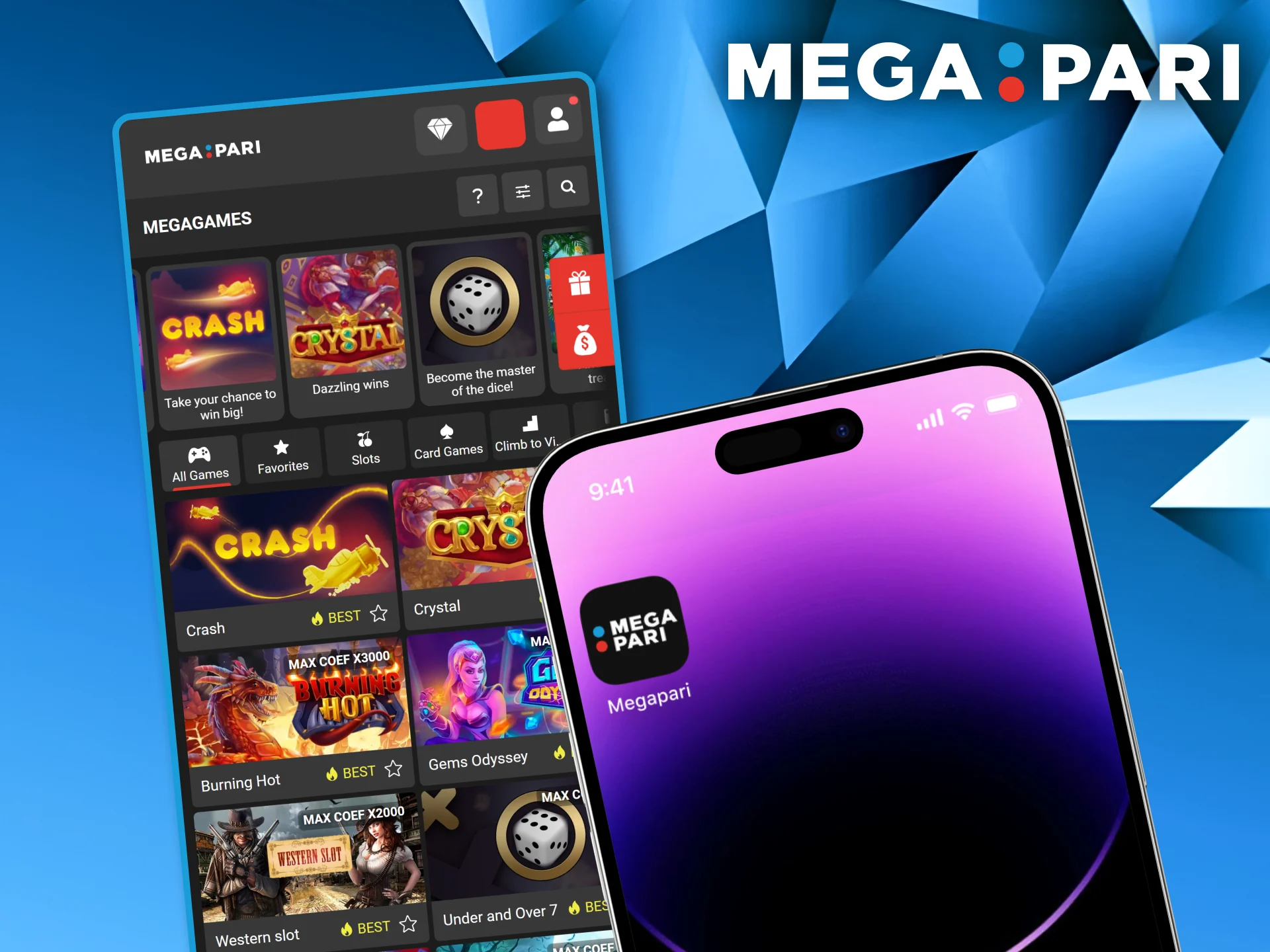 Smartphone screen showing the Megapari app icon alongside a menu of available mobile games.