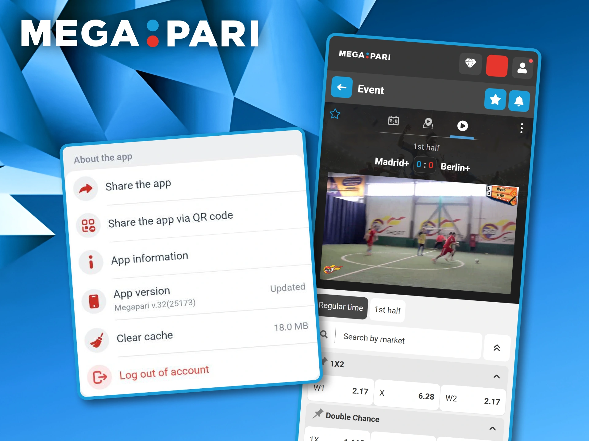 App settings menu showing the clear cache option and a live football match stream in the Megapari mobile application.
