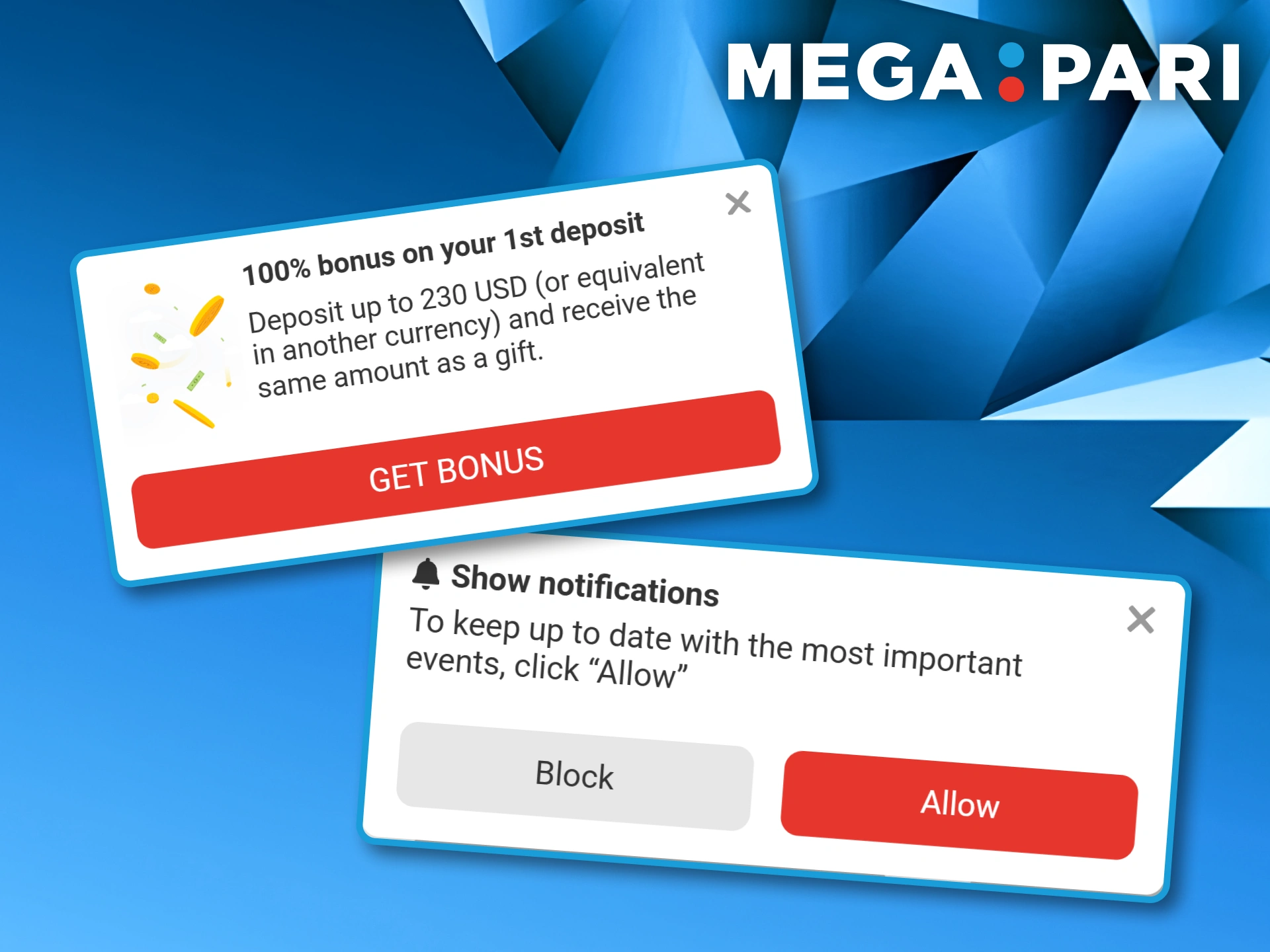 System pop-up windows for claiming a deposit bonus and allowing push notifications within the Megapari app.