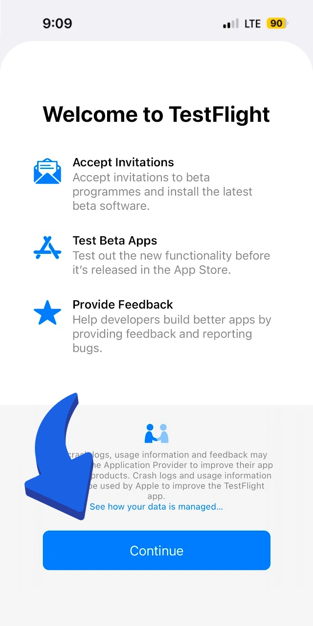 TestFlight welcome screen on iOS where the Continue button is being selected to proceed with the Megapari app setup.