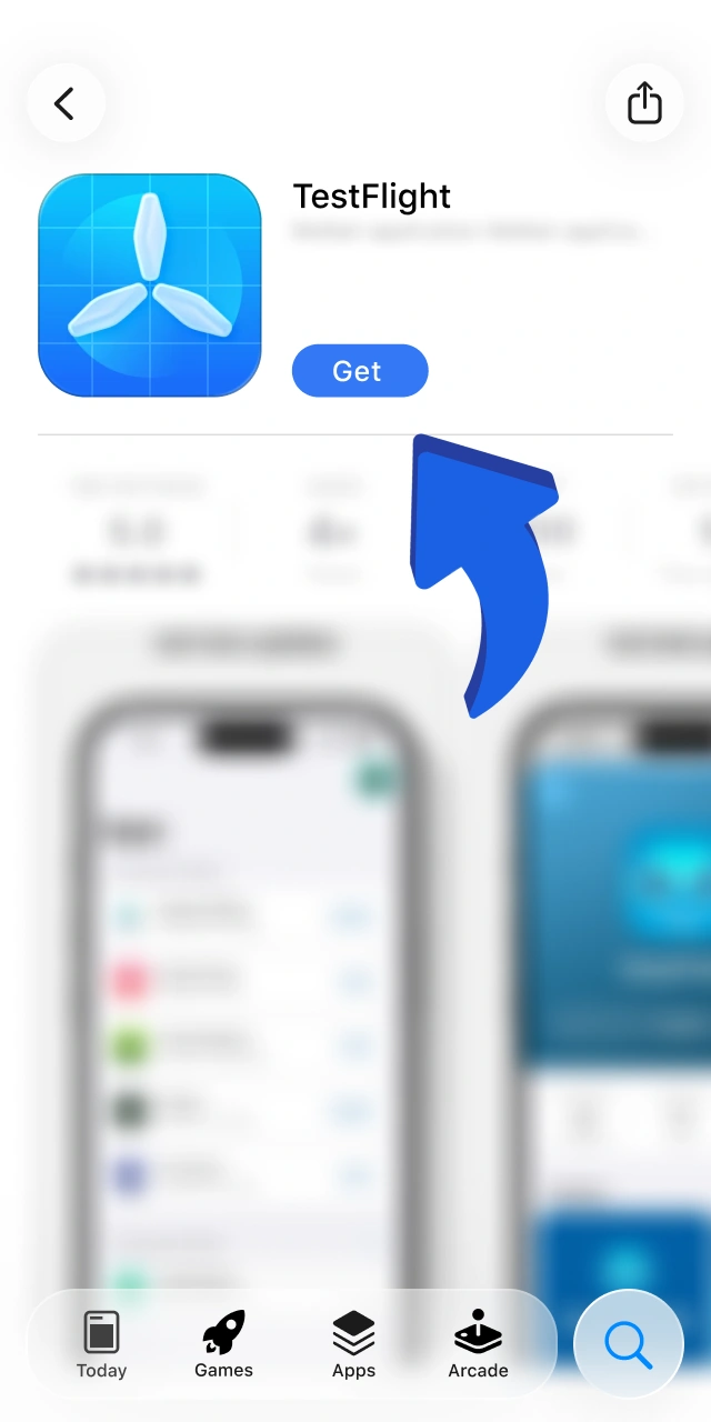 App Store page for TestFlight showing the Get button being pressed to enable the installation of the Megapari app.
