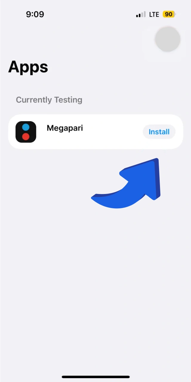 TestFlight application list showing the Install button being clicked to download the Megapari mobile app on iOS.