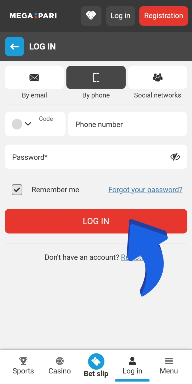 Megapari iOS login interface with a blue arrow pointing to the Log in button for user authorization.