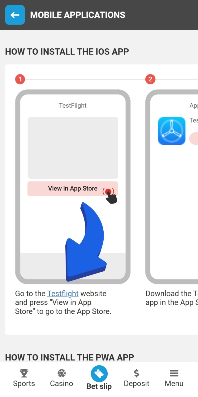Megapari installation guide showing the Testflight link being selected to locate the necessary iOS tools.