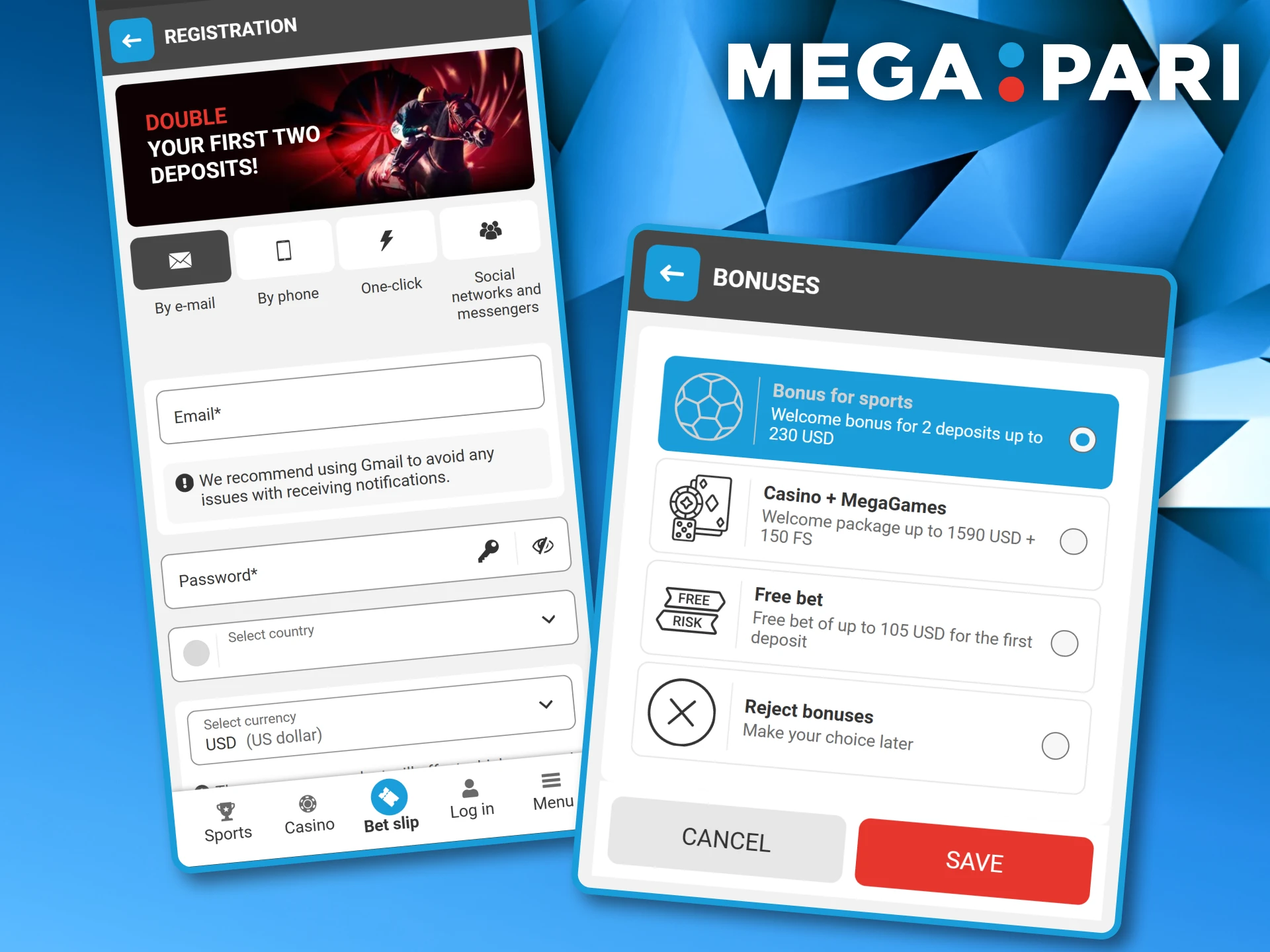 Mobile registration form showing email sign-up fields and a welcome bonus selection list for Megapari.