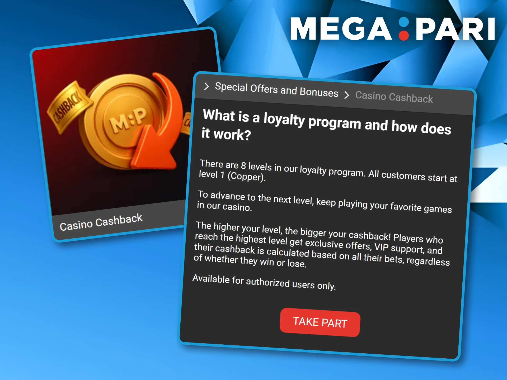 Loyalty program description detailing the eight levels of the Megapari VIP casino cashback system.