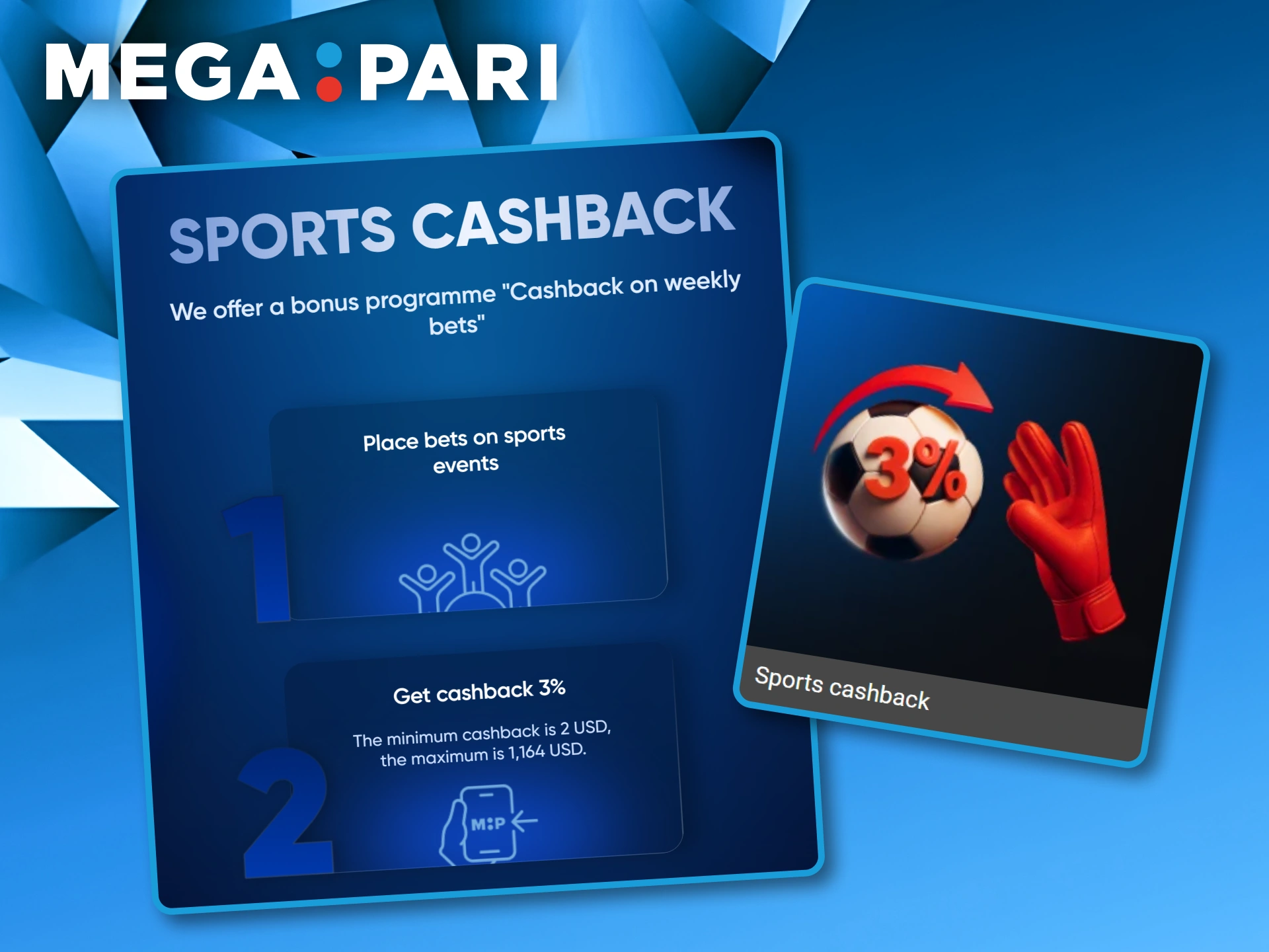 Infographic showing the two-step process to receive a weekly three percent sports cashback bonus at Megapari.