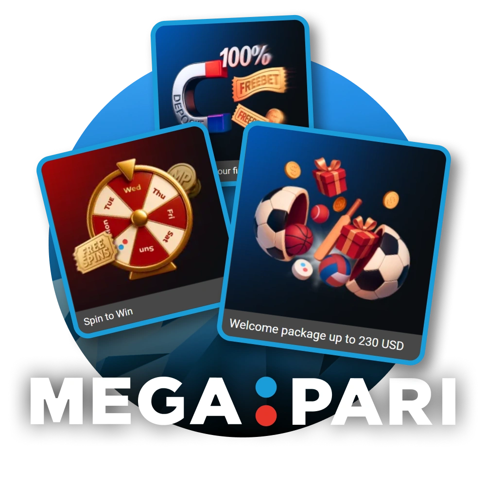 Megapari promotional banners showcasing various bonuses including a welcome package and spin-to-win rewards.