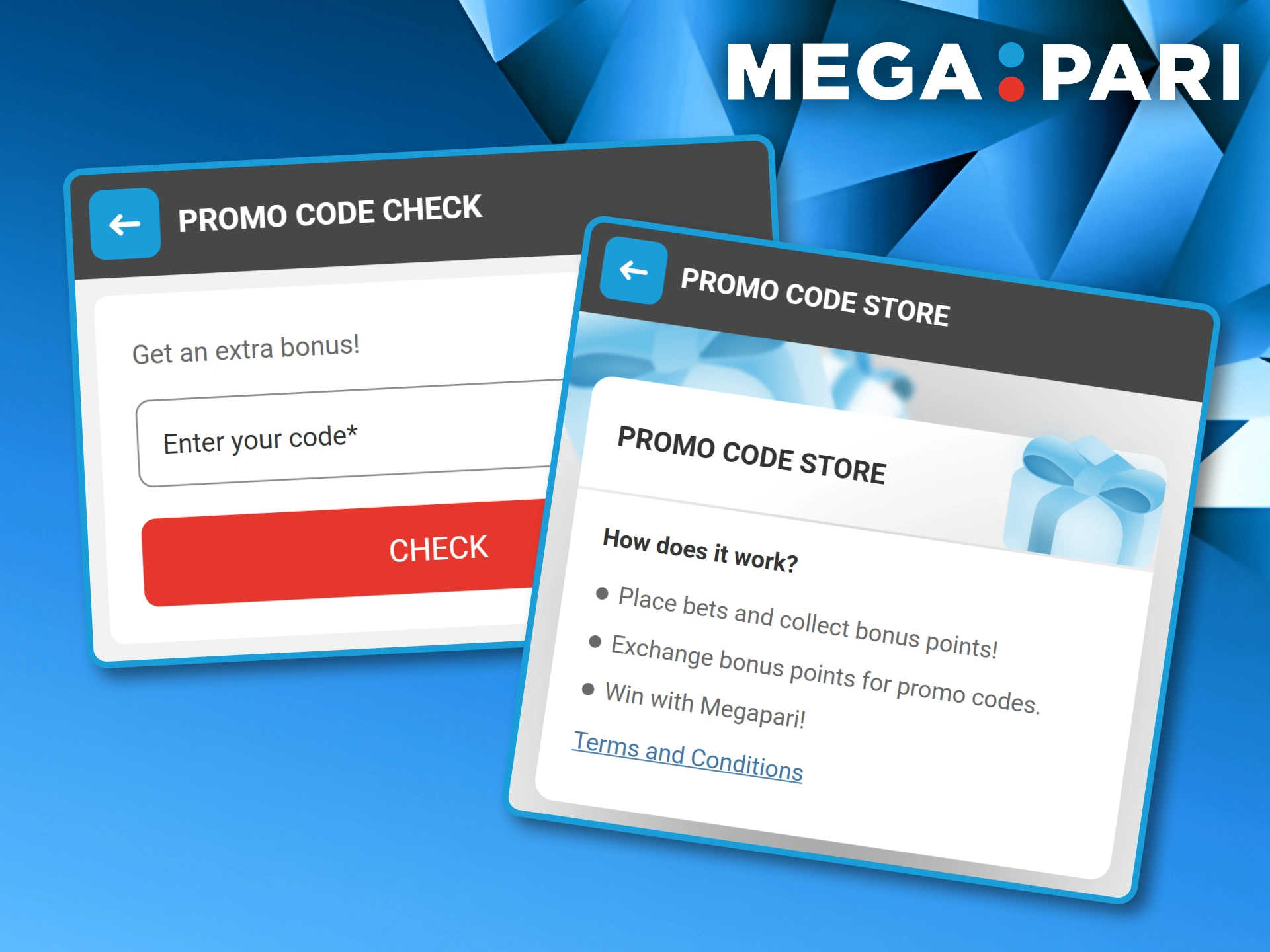 Check button in the promo code verification field and an overview of the Megapari Promo Code Store.