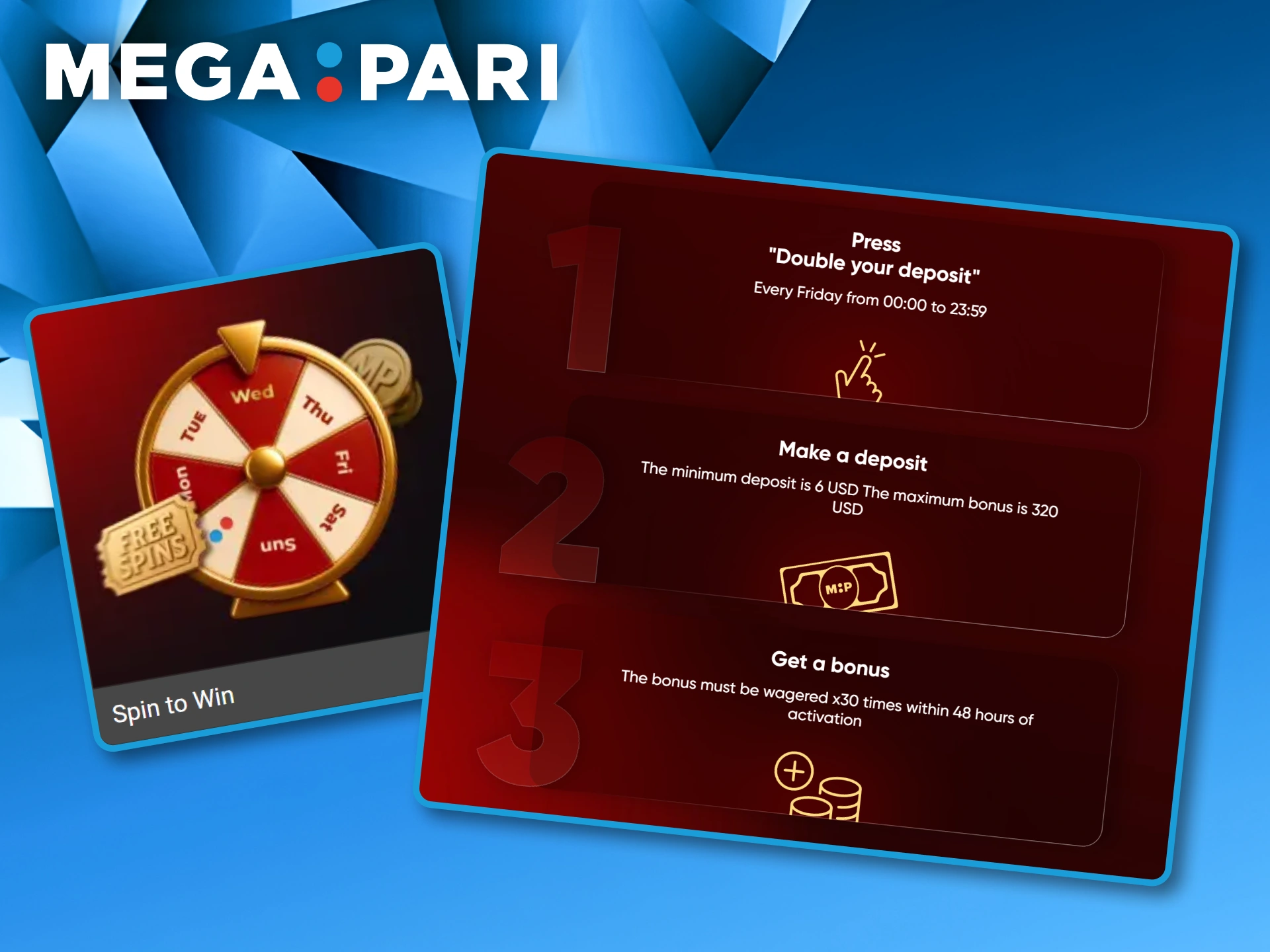 Step-by-step guide and a spin-to-win wheel for the Friday reload deposit bonus at Megapari casino.