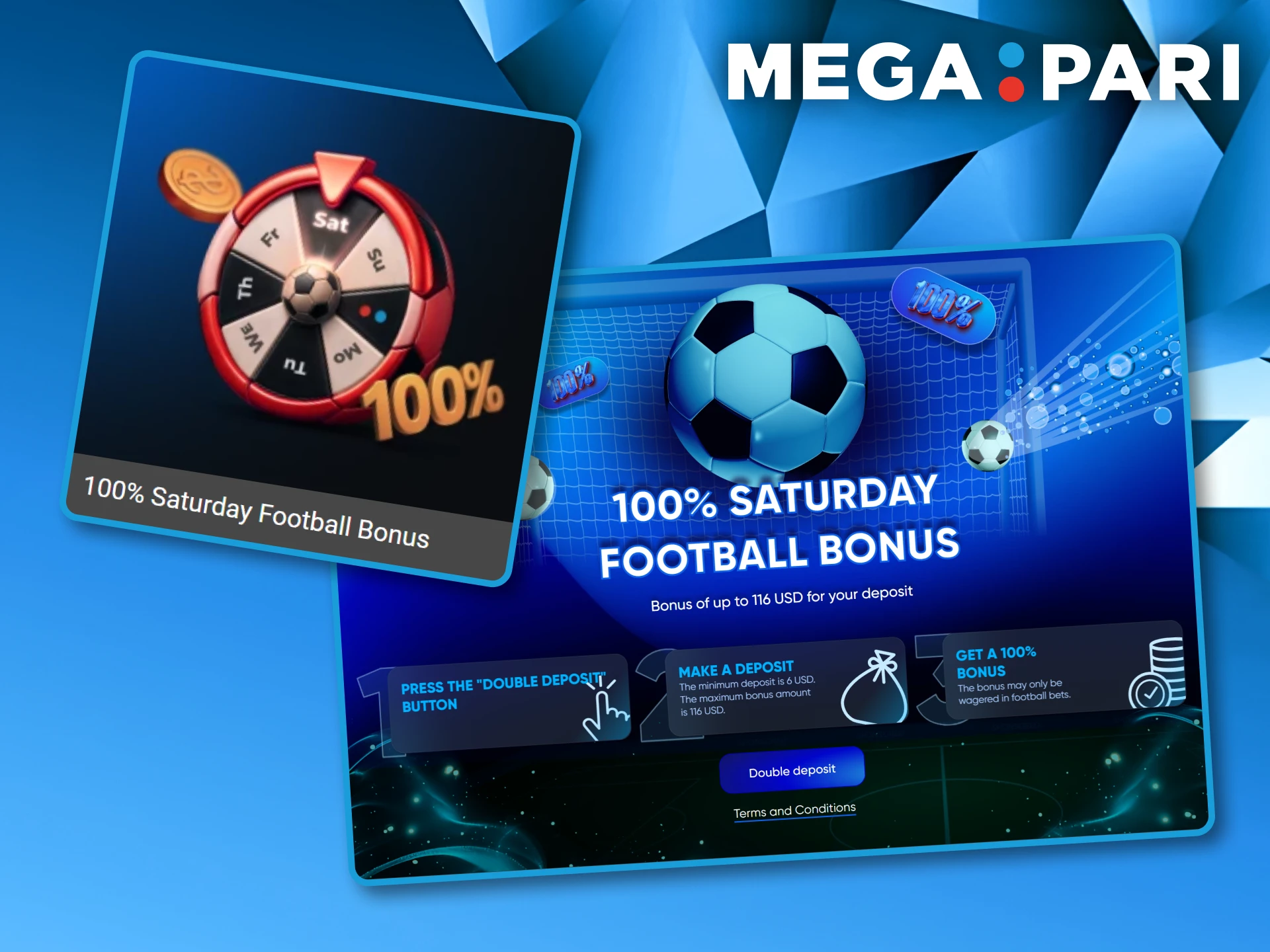 Promotion page explaining how to claim a one hundred percent deposit bonus on Saturdays at Megapari.