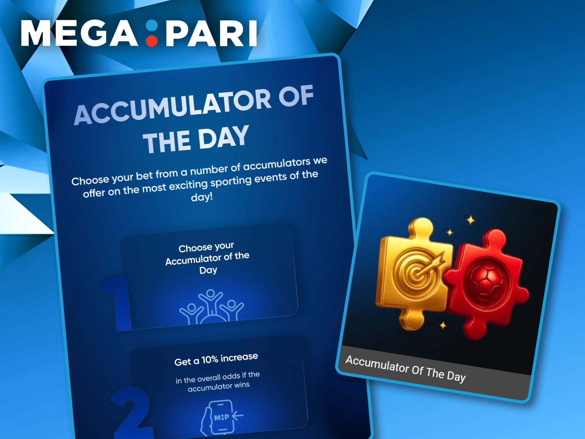 Information panel explaining the Accumulator of the Day bonus and puzzle-piece graphics representing multi-bet wins at Megapari.