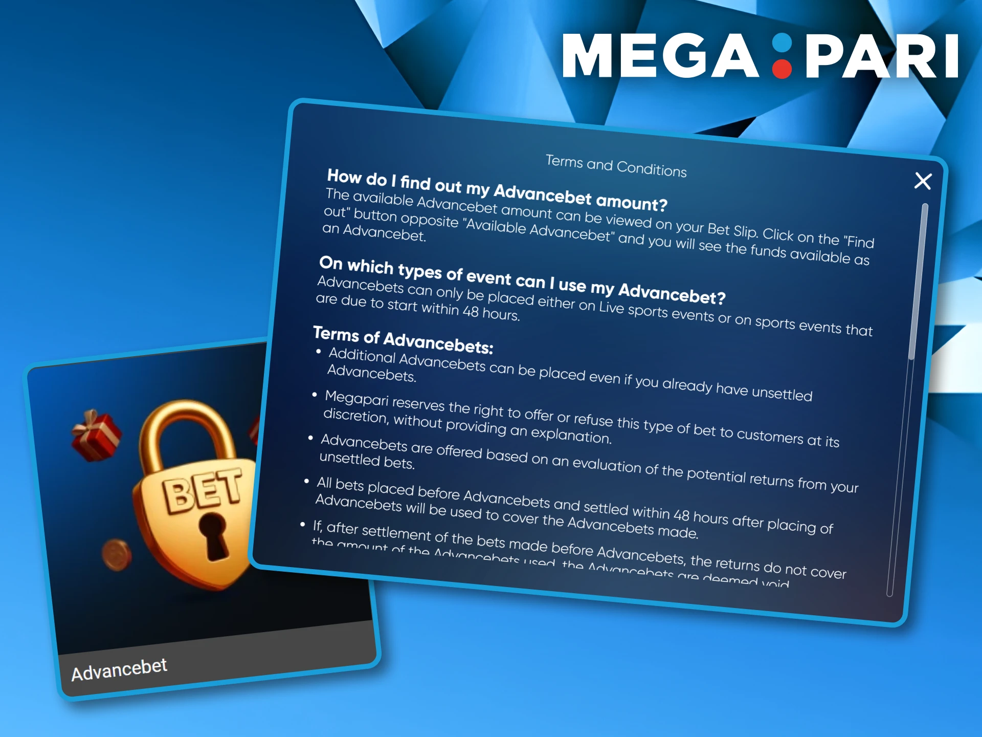 Pop-up window detailing the Advancebet feature alongside a golden lock icon for Megapari wagering.