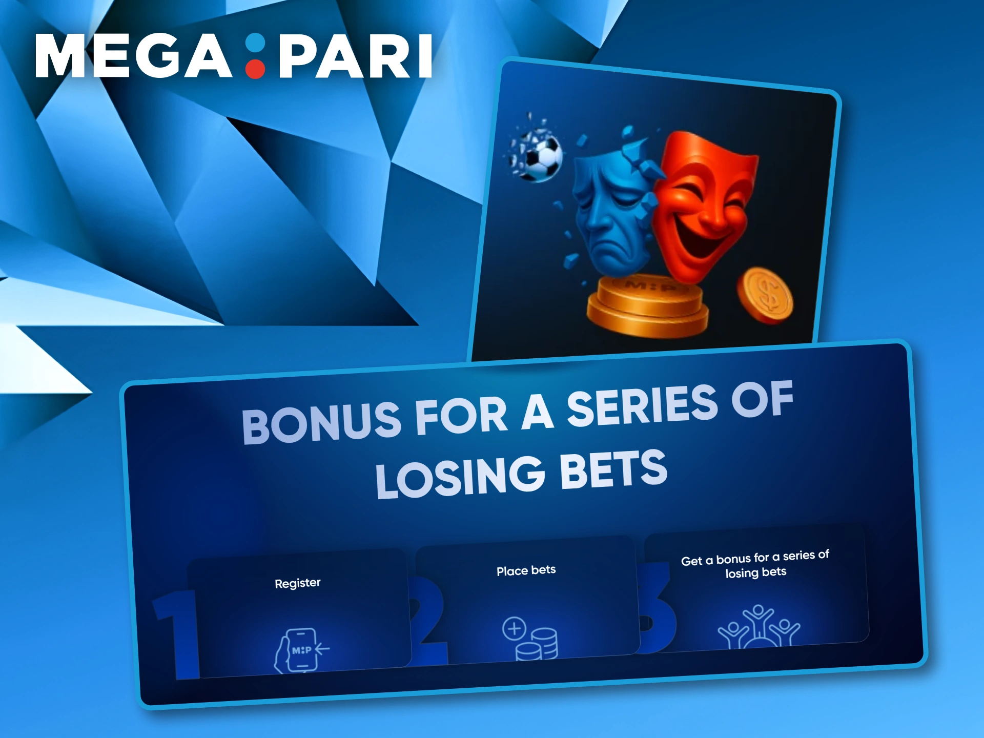 Promotional banner showing comedy and tragedy masks for the Megapari bonus granted after a series of losing bets.