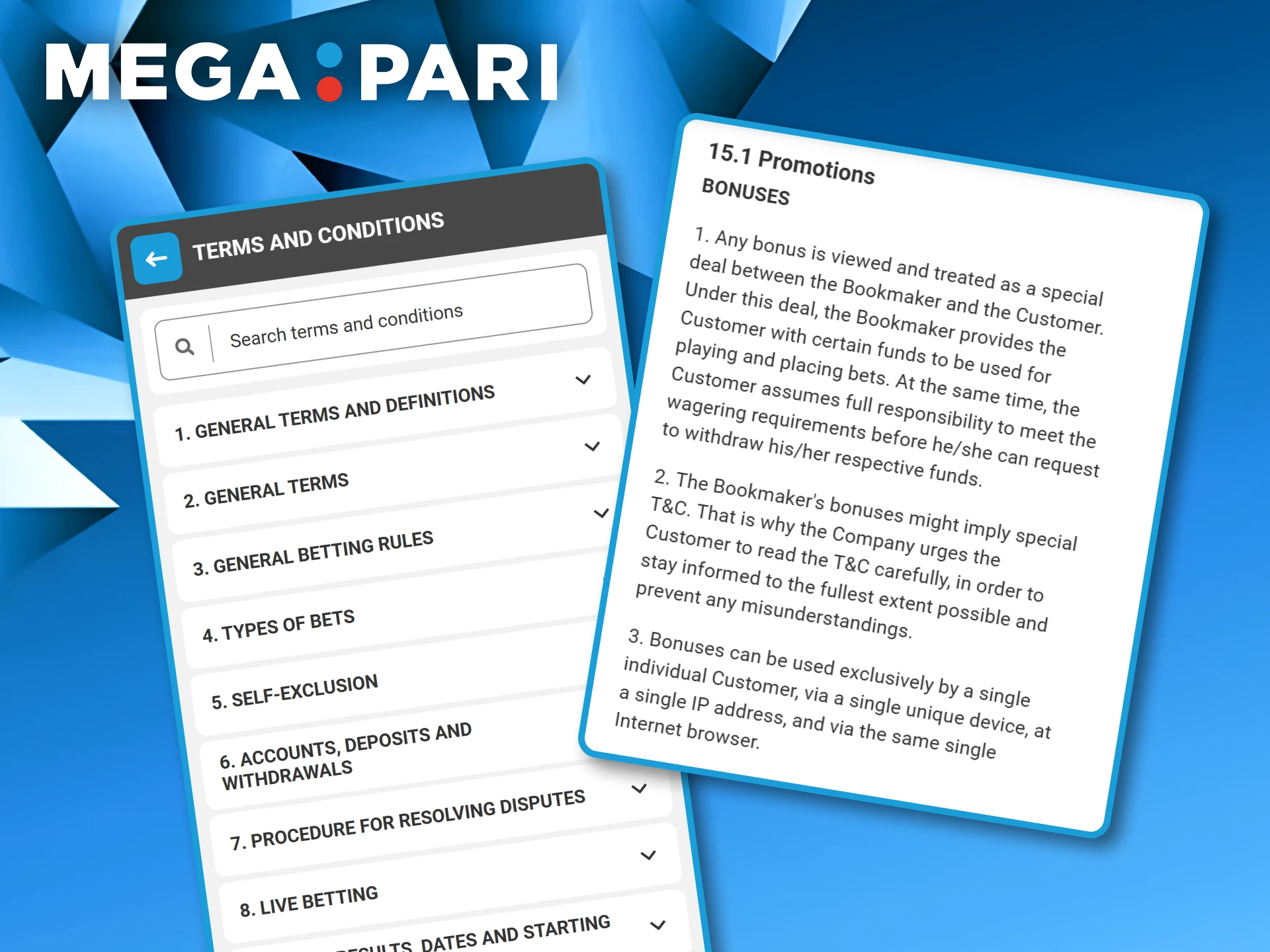 Mobile screen displaying the general betting rules and specific promotion terms for Megapari users.