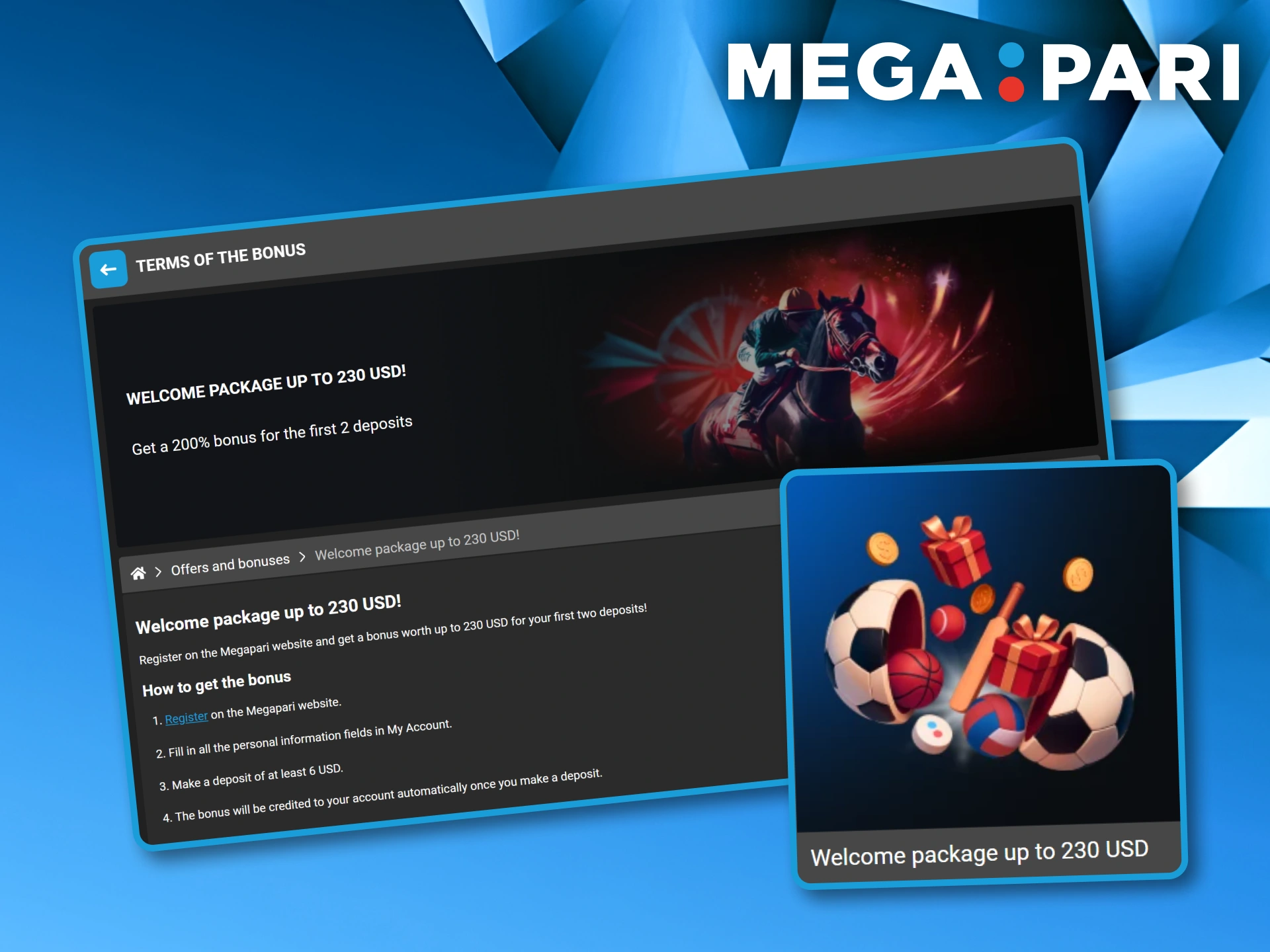Welcome package terms for your first deposit at Megapari.