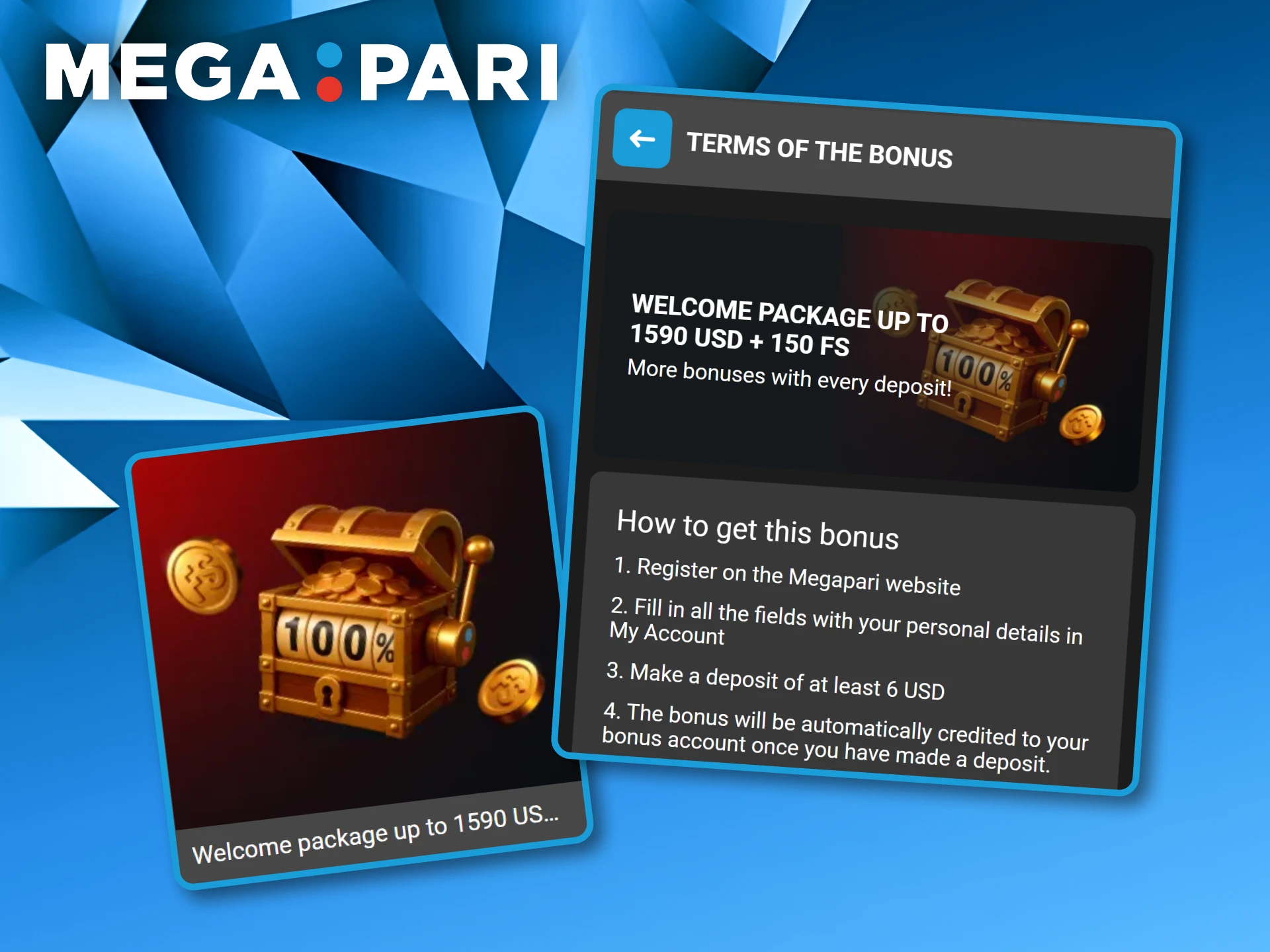 Golden treasure chest and coins highlighting the casino welcome package with deposit bonuses and free spins at Megapari.