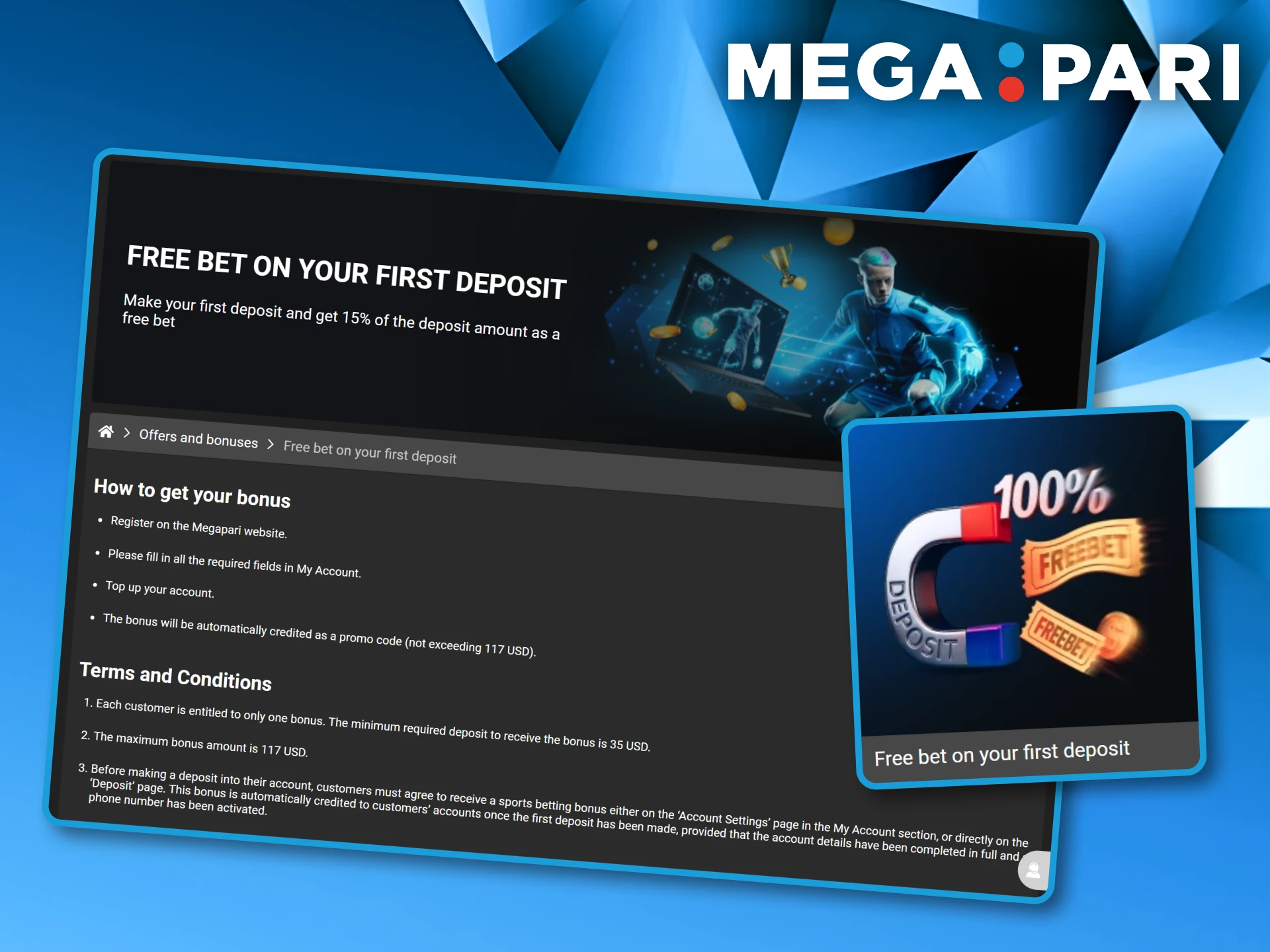 Promotional banner and magnet icon explaining the first deposit free bet offer for new Megapari sports bettors.