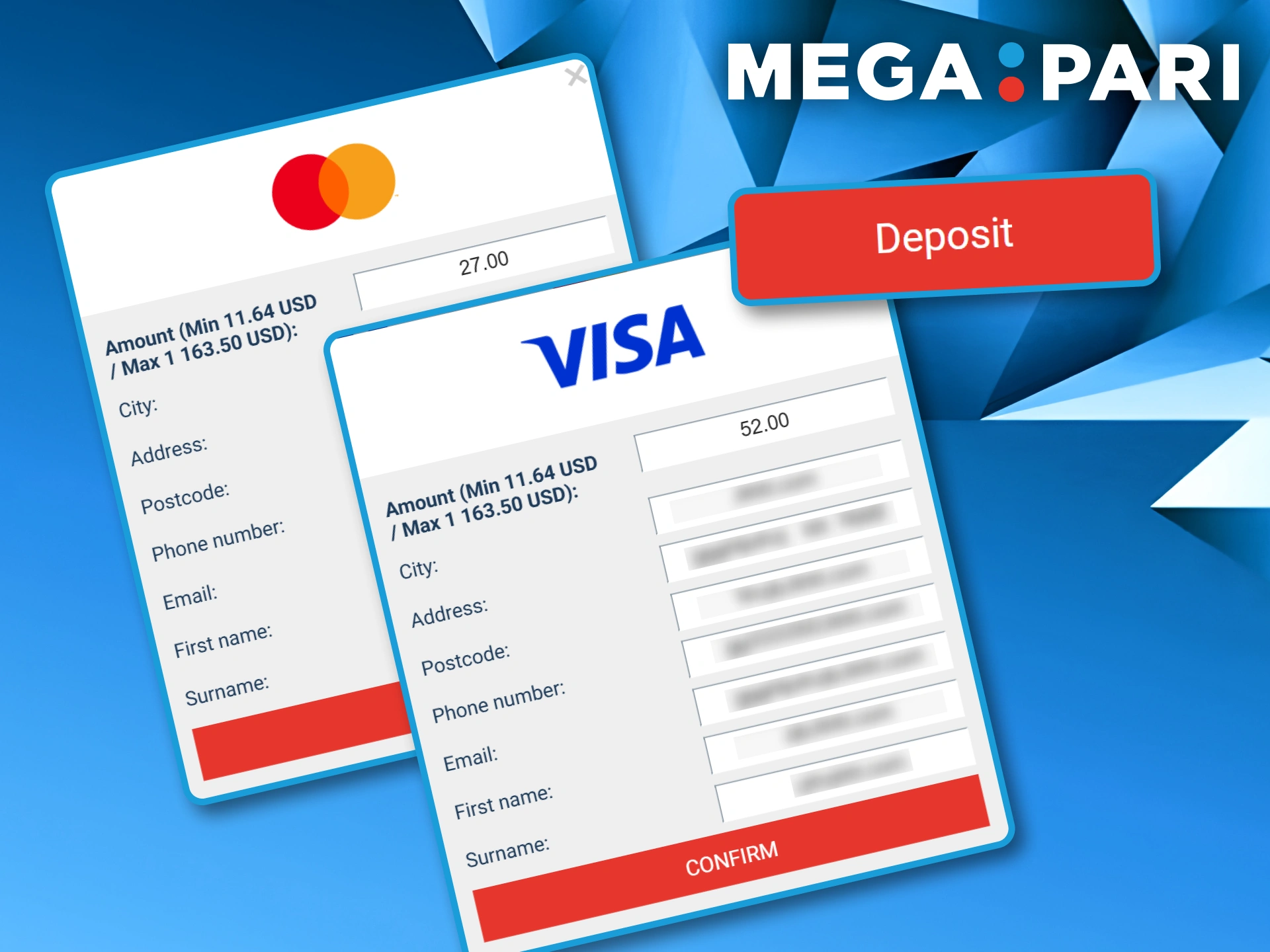 Visa and Mastercard payment windows displaying the required fields for topping up a Megapari account balance.
