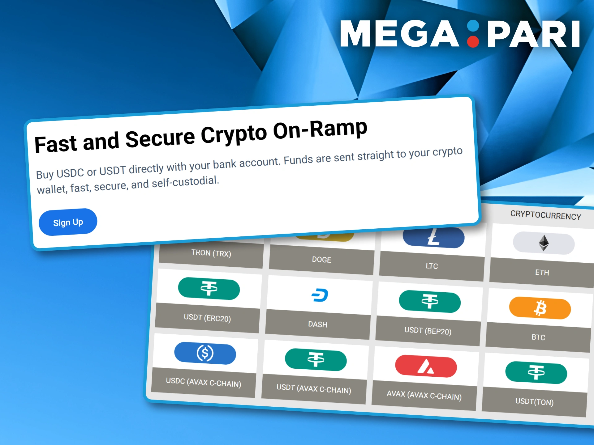 Informational panel describing the fast and secure crypto on-ramp feature for purchasing digital assets at Megapari.