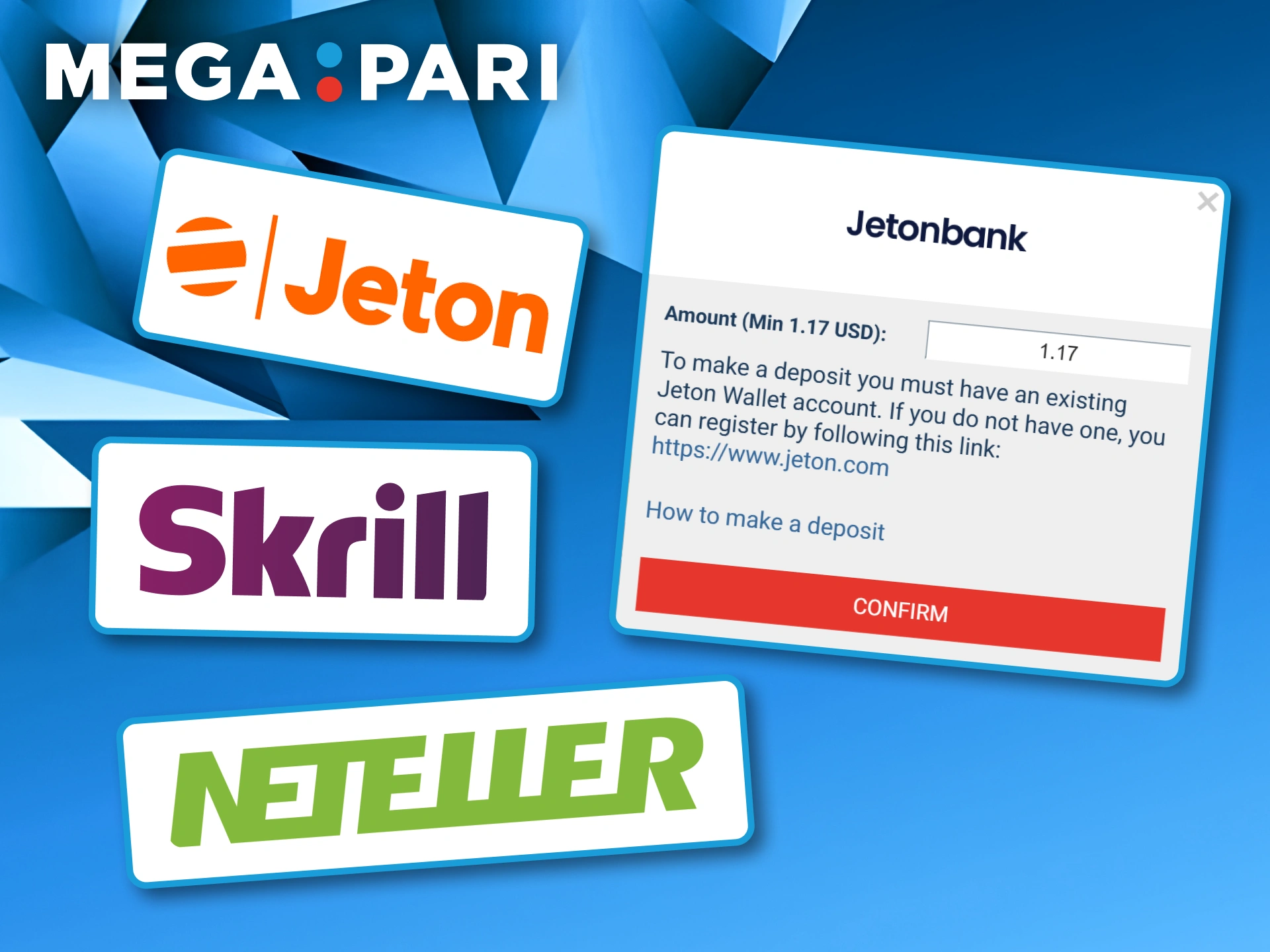 Jeton, Skrill, and Neteller logos shown alongside a Jetonbank deposit form for Megapari transactions.
