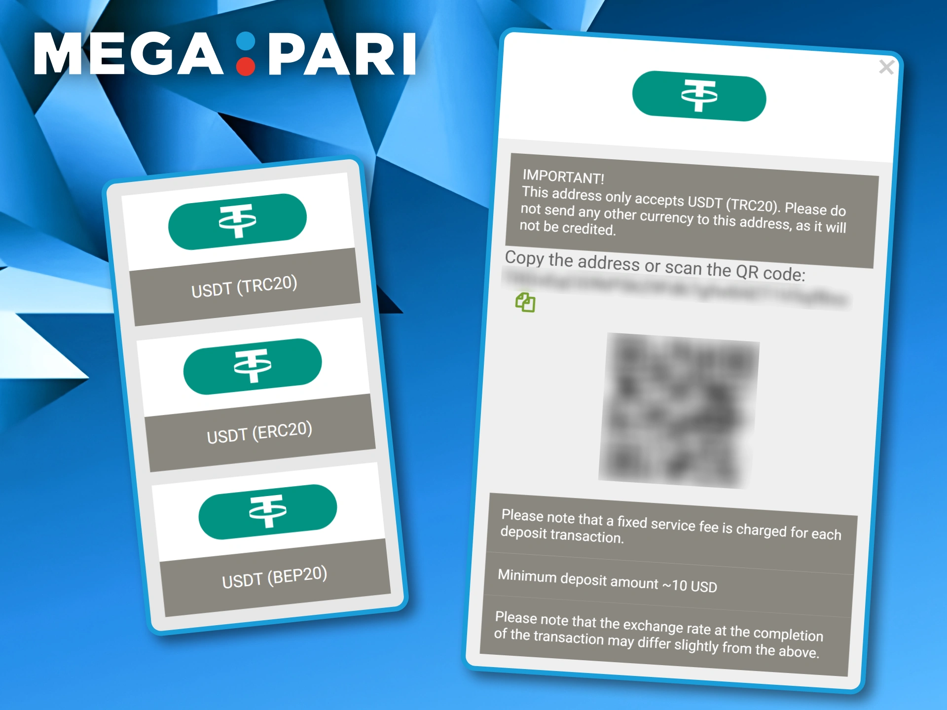 Tether network selection list and a detailed USDT deposit window with a QR code for Megapari users.