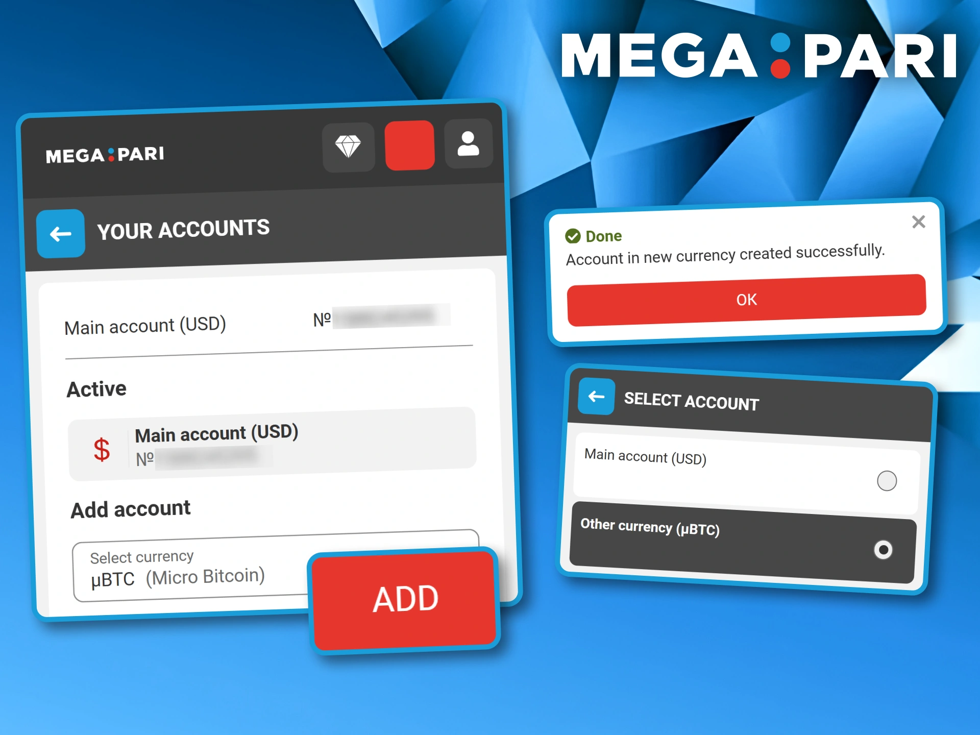 Account management screen showing the process of adding a new micro-Bitcoin currency wallet to a Megapari profile.