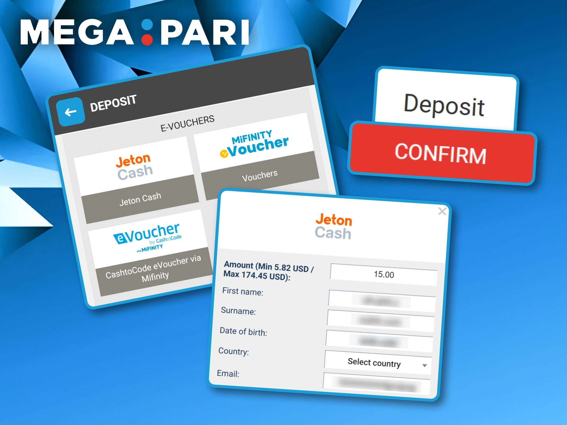 Selection of e-vouchers including Jeton Cash and MiFinity shown next to a voucher activation form at Megapari.