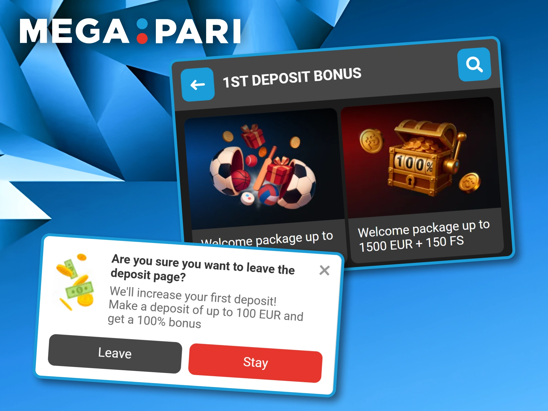 System alert offering a bonus on your first deposit while browsing Megapari's payment page.