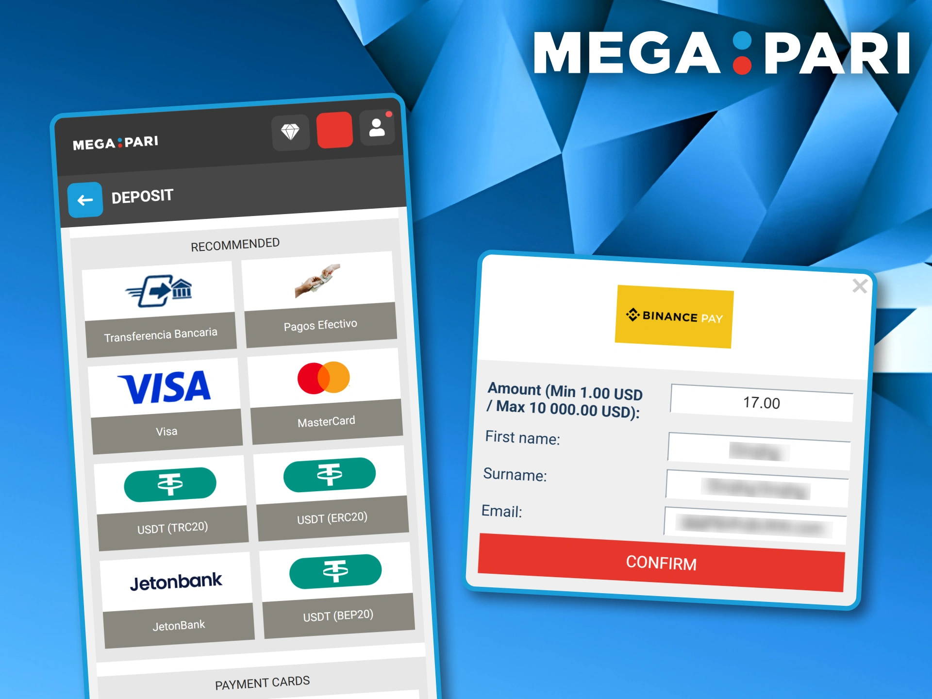 List of recommended payment methods including bank transfers and Binance Pay for depositing funds into Megapari.