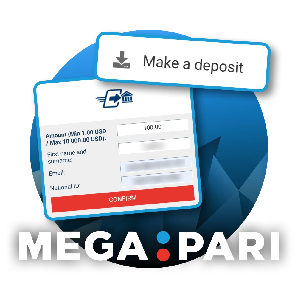 Megapari deposit interface showing a payment form for users to add funds to their account.