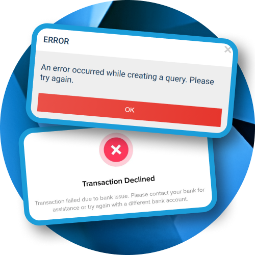 System error notifications showing a failed transaction message due to a bank issue on the Megapari payment page.