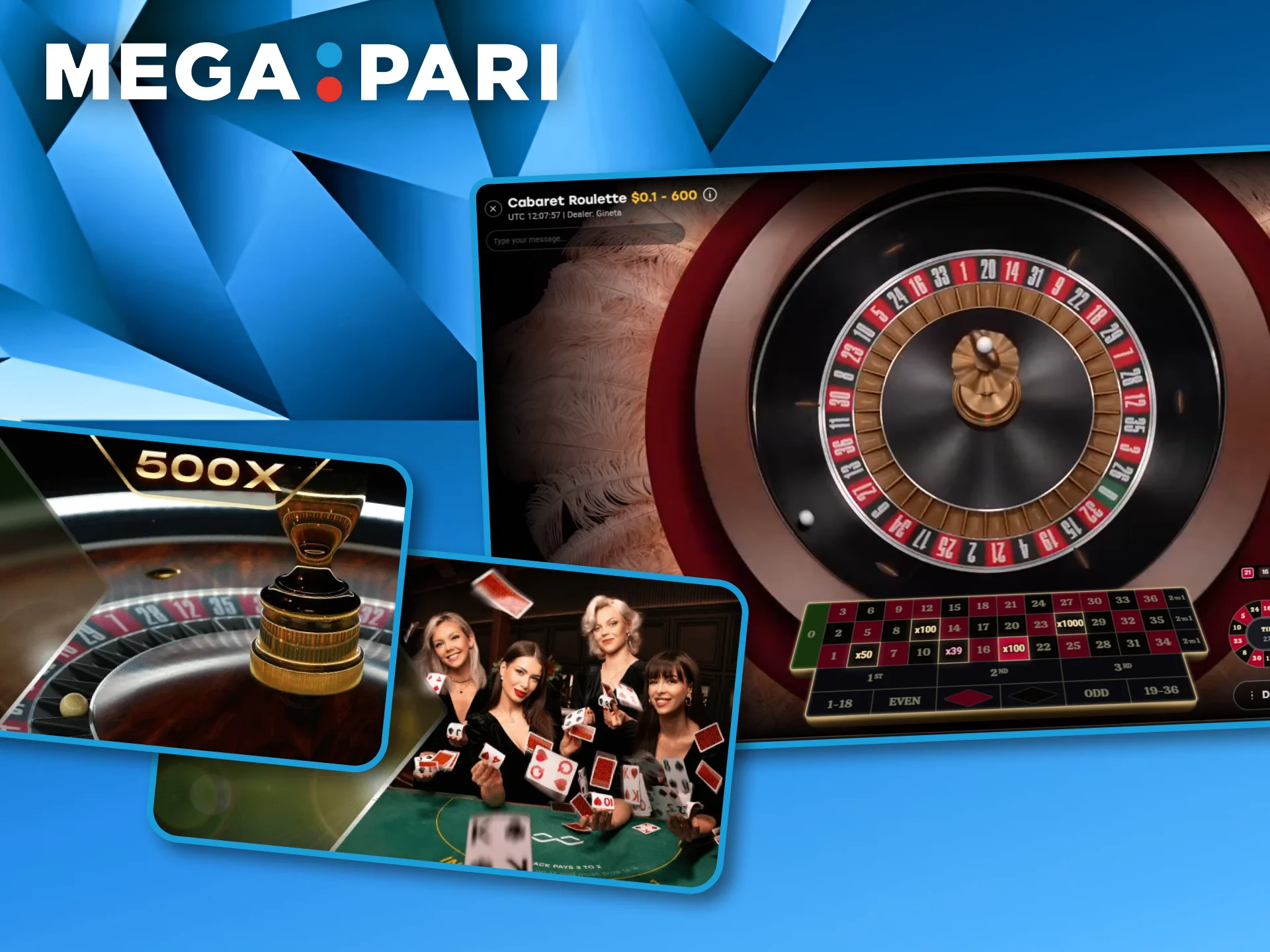 Live dealer roulette and card game interfaces showcasing the live casino section at Megapari.