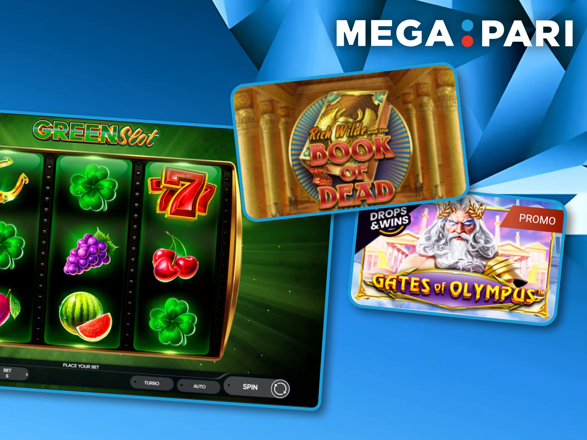 Slot titles like Book of Dead and Gates of Olympus appearing in the Megapari gaming catalog.
