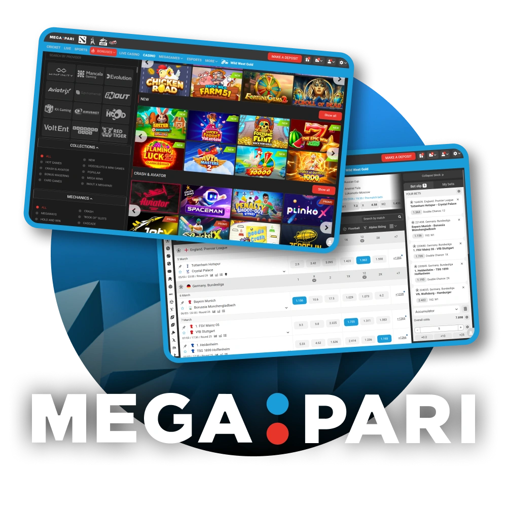 Megapari desktop website overview featuring a wide selection of casino slots and live sports betting odds.