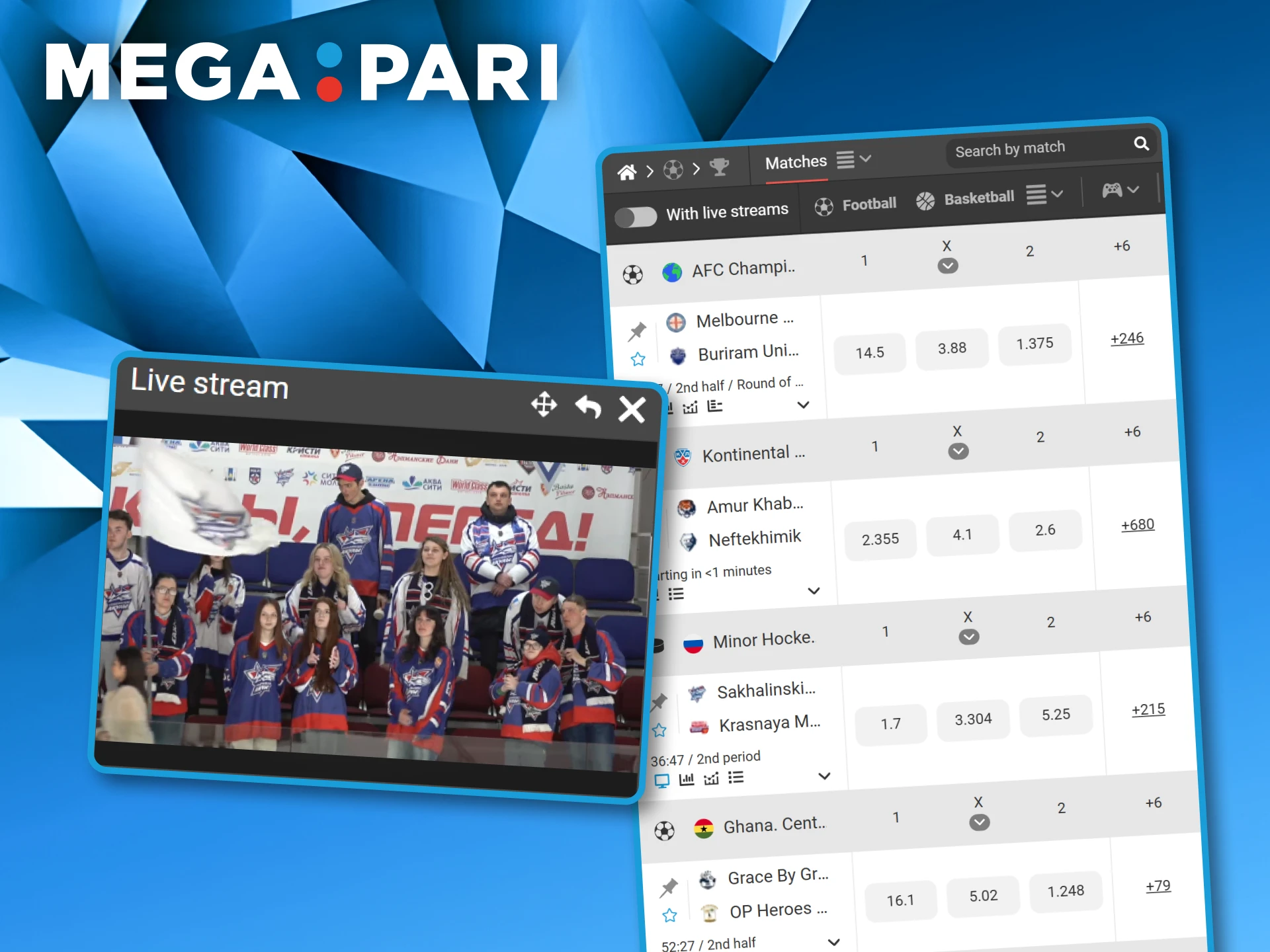 Live sports stream and betting odds table showing the real-time wagering process at Megapari.