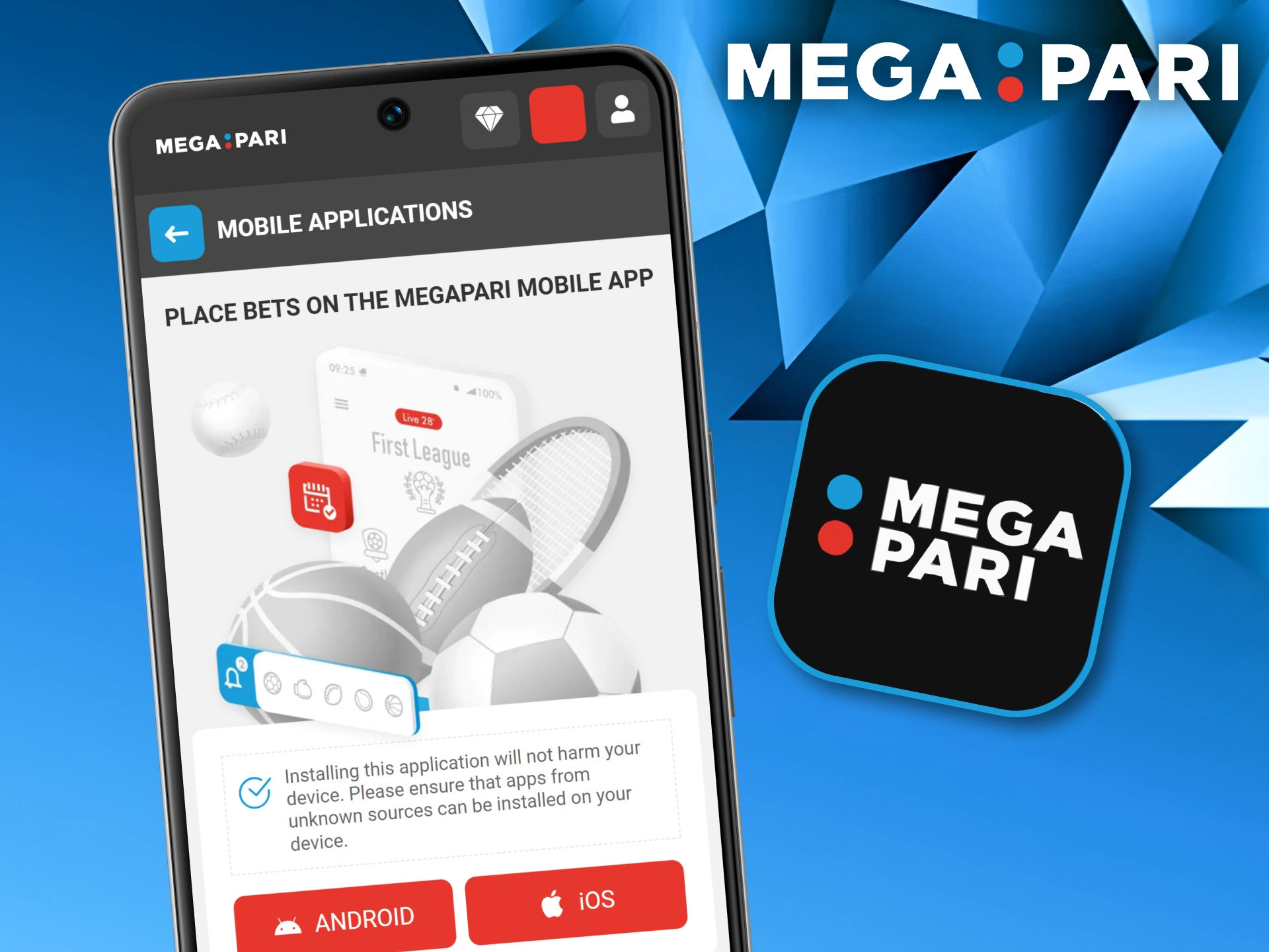 Smartphone screen displaying the mobile application download page for Megapari.