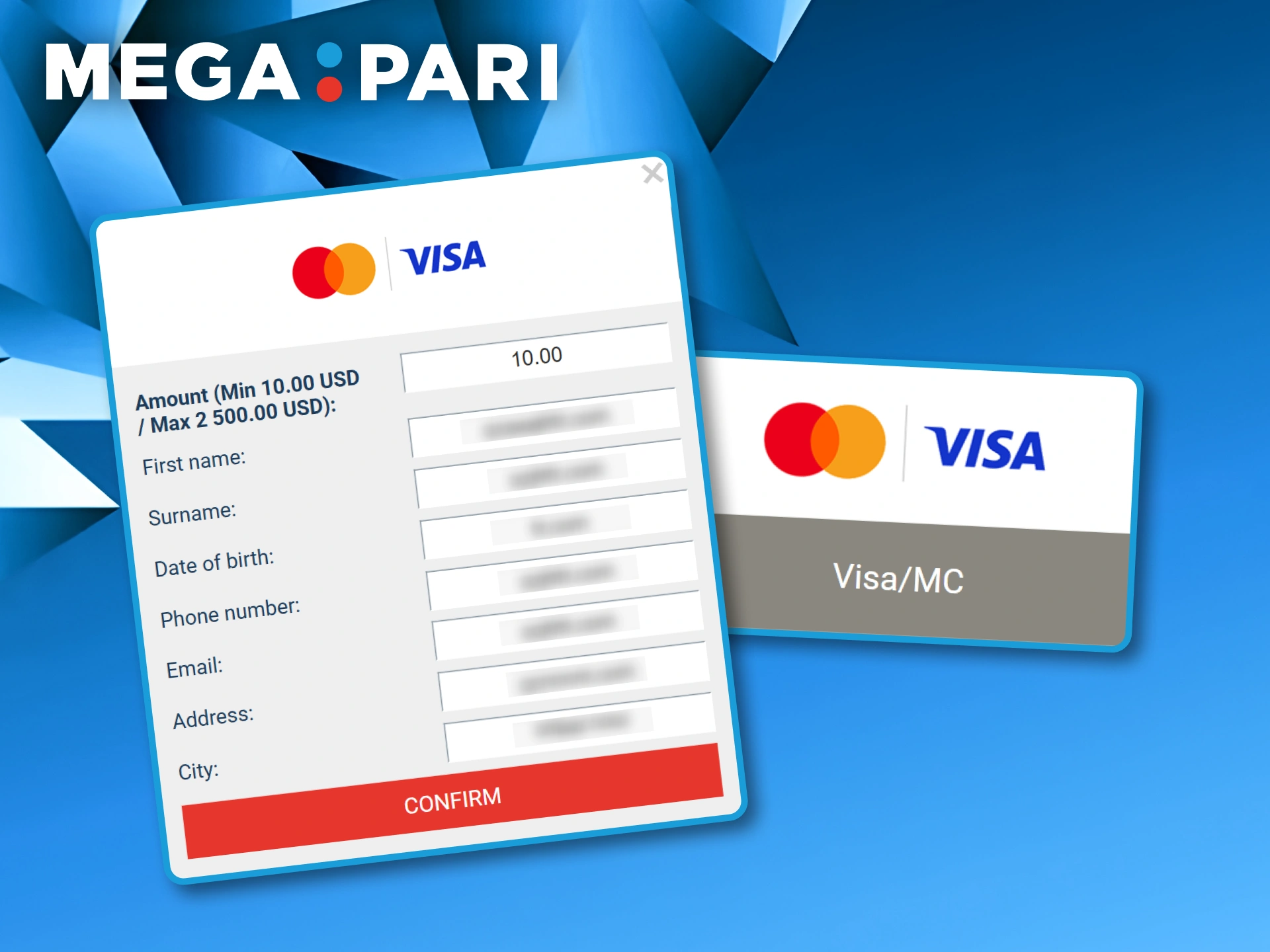 Payment form for Visa and Mastercard transactions used for depositing funds into a Megapari account.