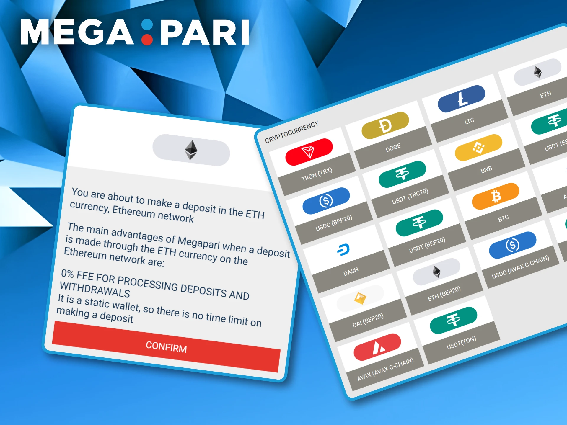 List of supported cryptocurrencies including Bitcoin and Ethereum presented in the Megapari cashier.