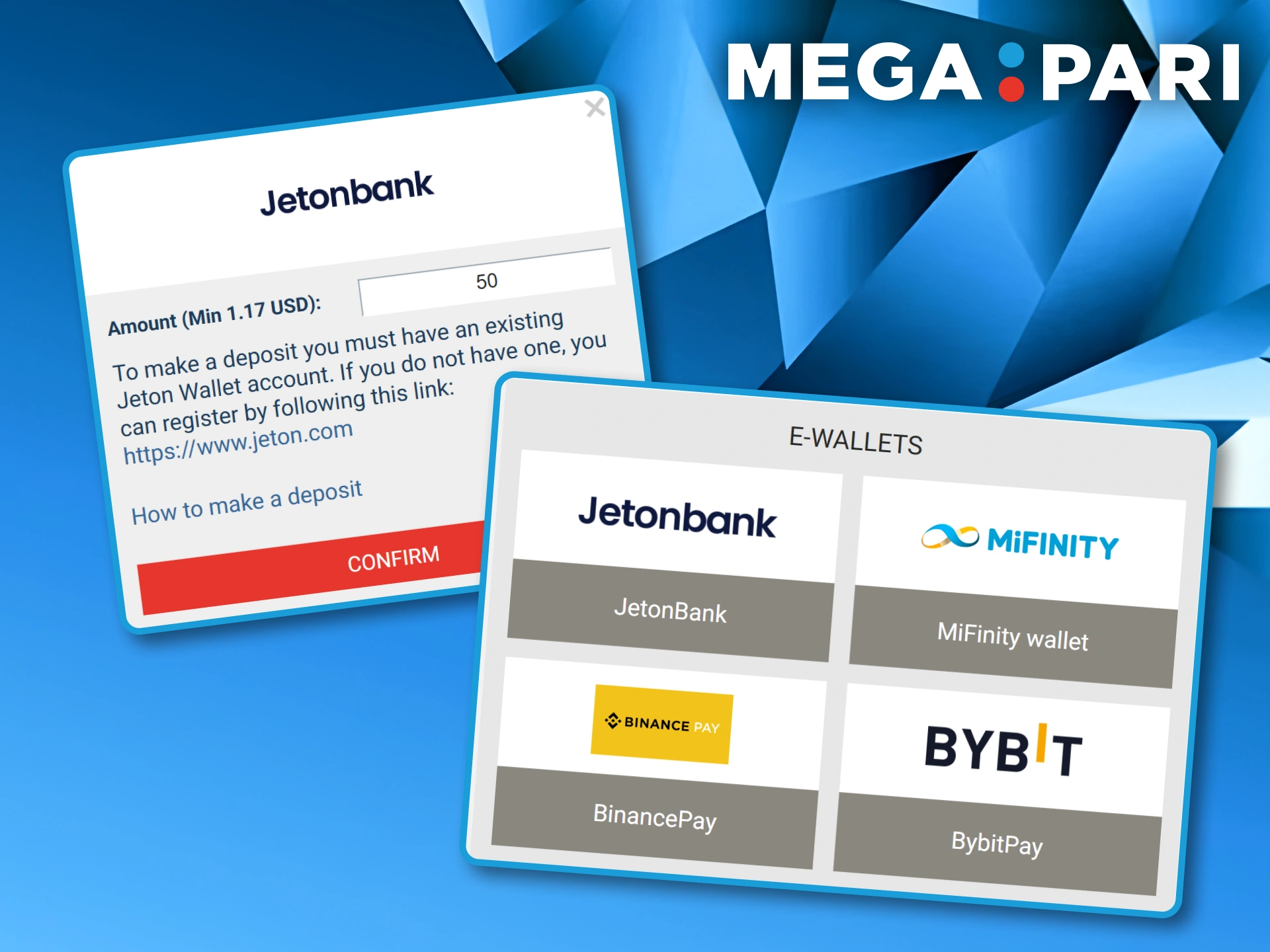 E-wallet options such as Jeton and MiFinity shown as deposit methods on the Megapari site.
