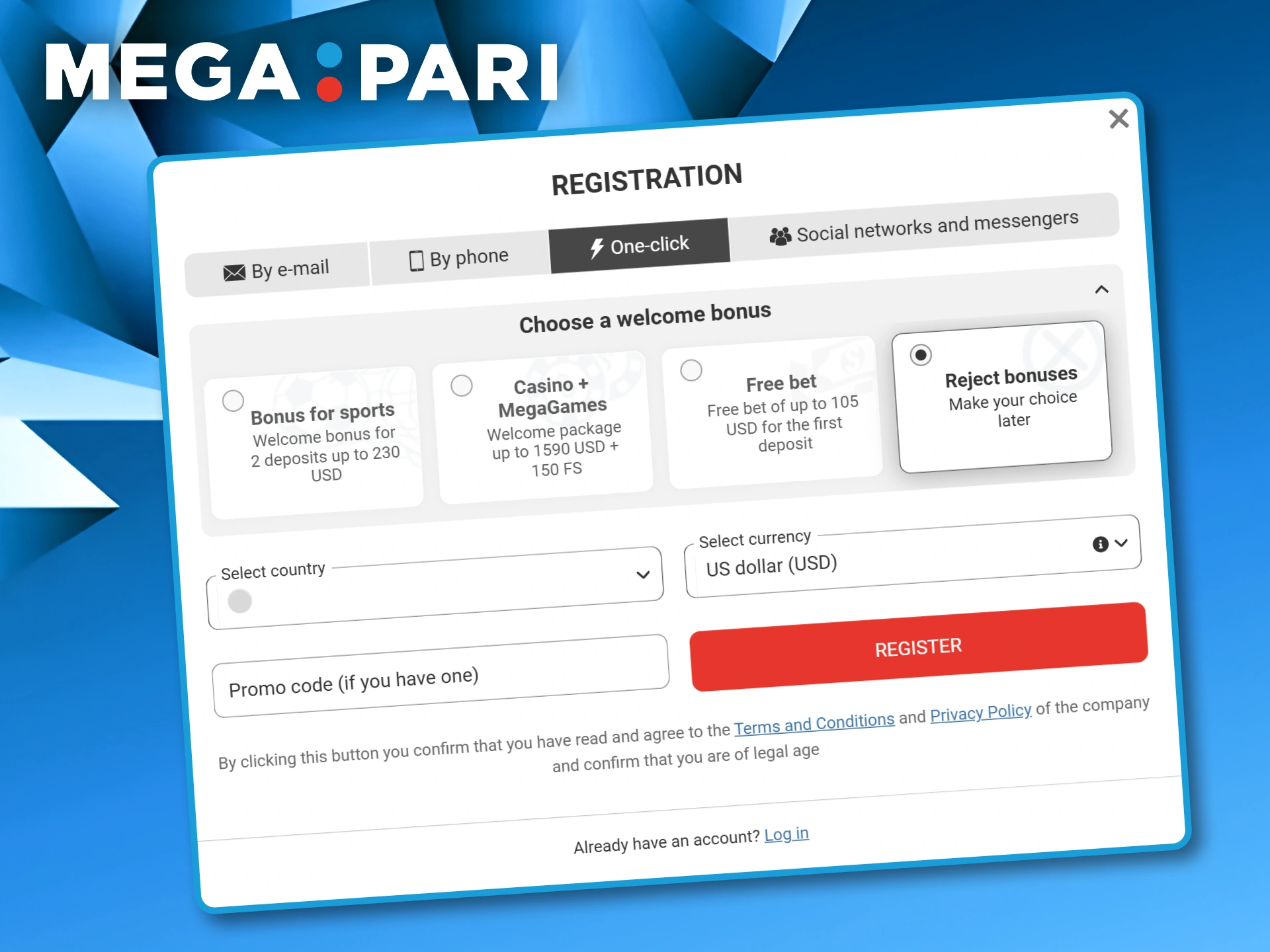 One-click registration window displaying the simplified account creation method for Megapari.