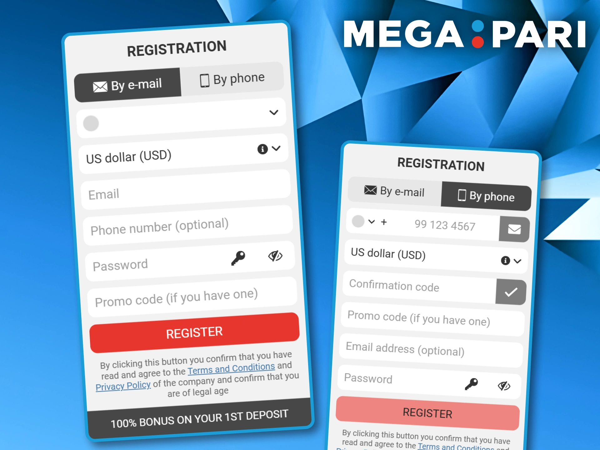 Registration forms for signing up via phone or email for new Megapari players.