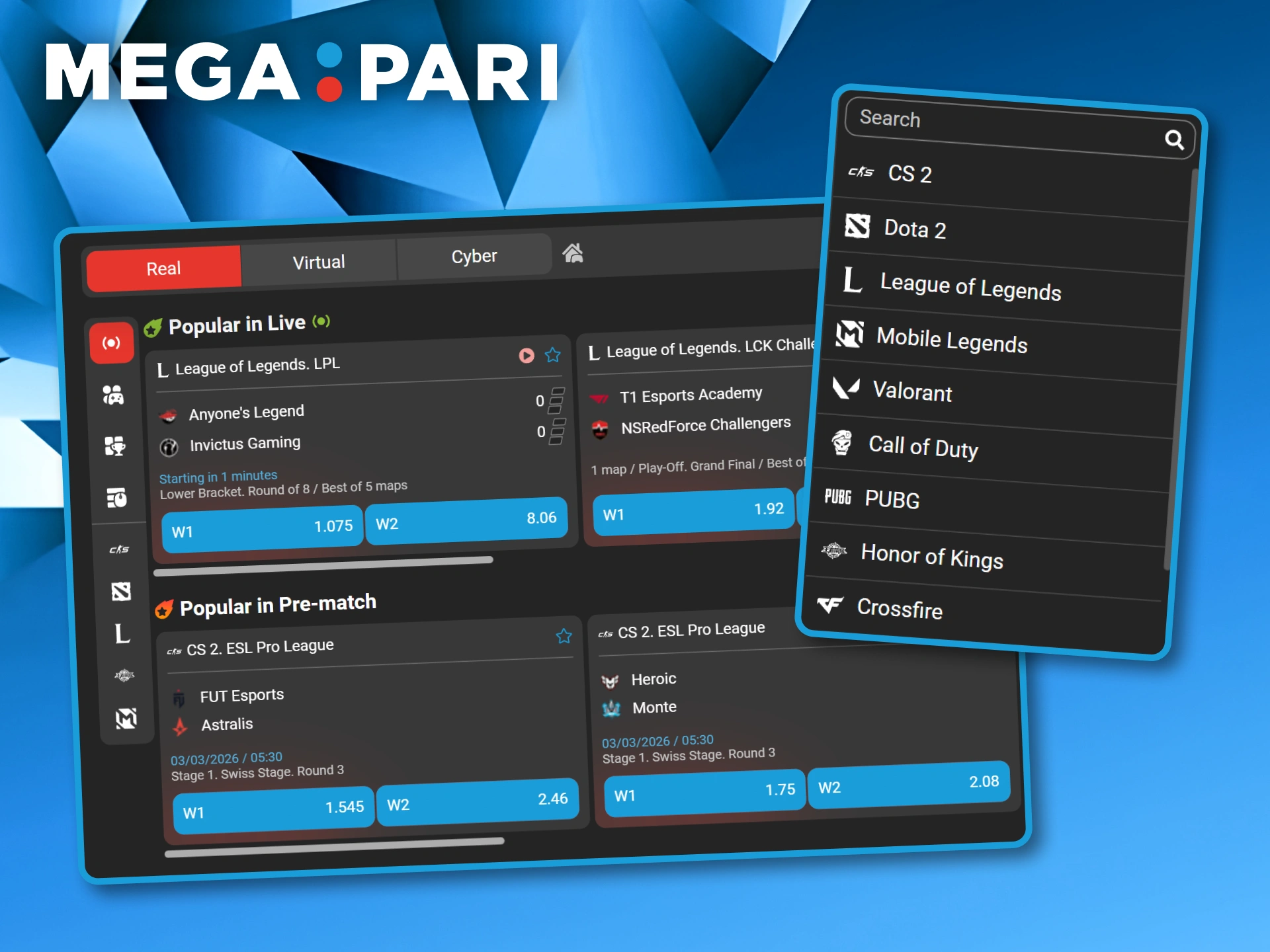 Live and pre-match betting markets for popular titles like CS 2 and Dota 2 in the Megapari esports section.