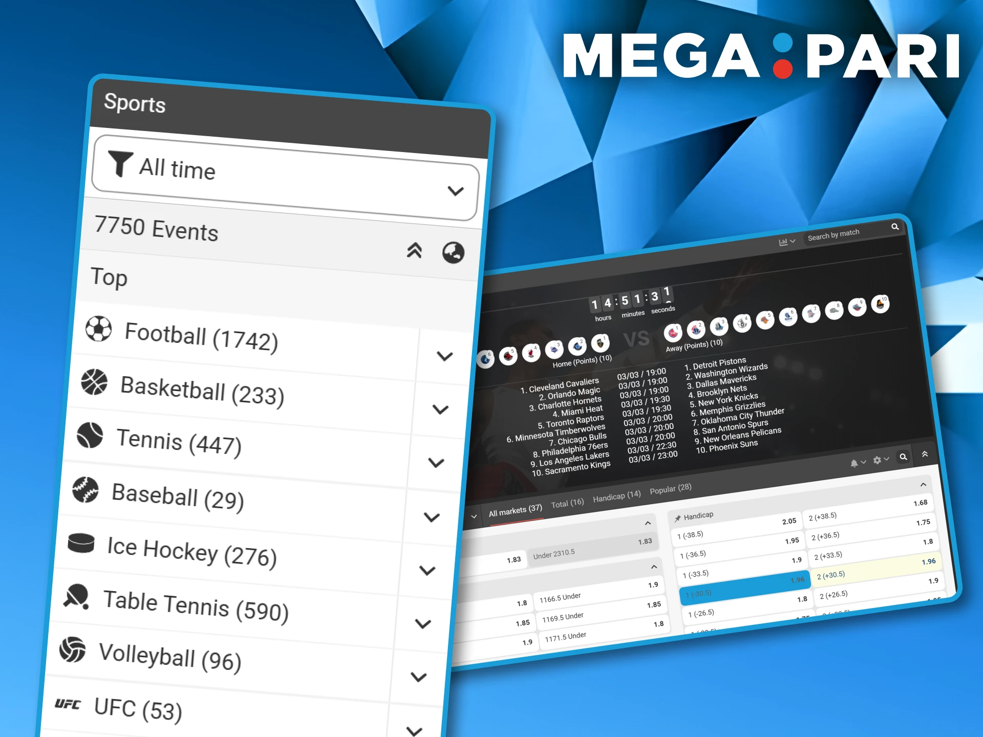 Sports menu displaying the number of active events for basketball, tennis, and ice hockey on the Megapari platform.
