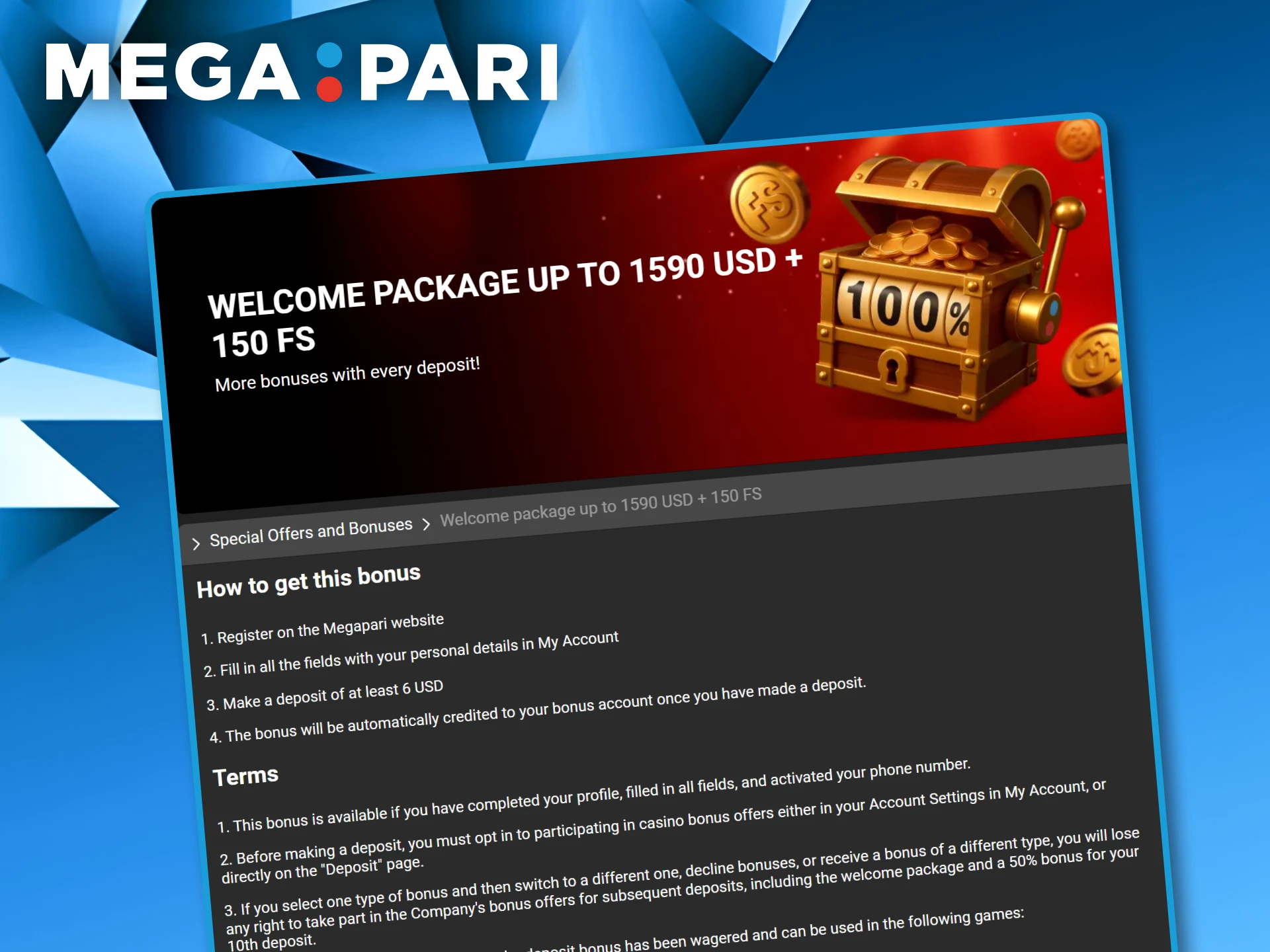 Promo banner detailing the casino welcome package and free spins for new Megapari users.
